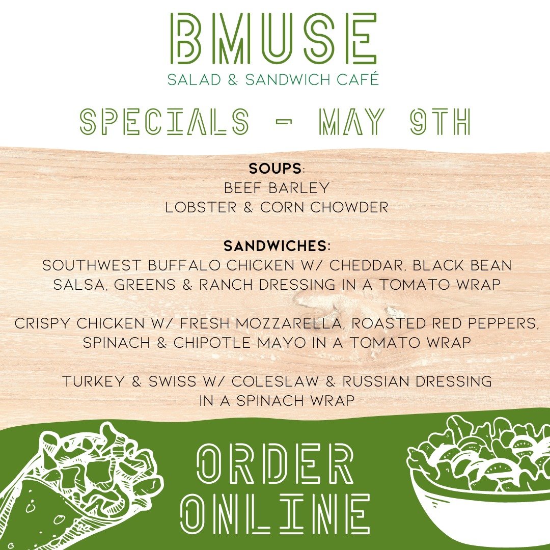 Thursday specials are here!  Hope we see you.

Order online at bit.ly/BMuseCafe
Call 203.265.1400
Visit 665 N Colony Rd, Wallingford 
.
.
.
.

#ctfoodie #foodofct #lunchtime #ctcafe #wallingfordeats #newhavencountyfood #foodofnewhavencounty #hungry #