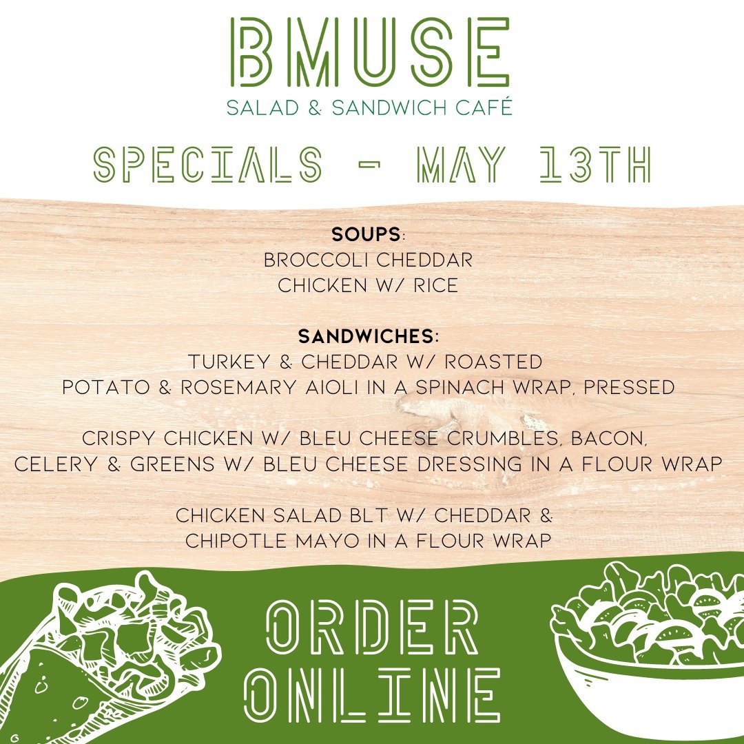 Good Morning! 
Enjoy one of our tasty soups, salads or sandwiches for lunch Monday-Friday from 10am-3pm.  Today's specials are below.

Order online at bit.ly/BMuseCafe
Call 203.265.1400
Visit 665 N Colony Rd, Wallingford 
.
.
.
.

#ctfoodie #foodofct
