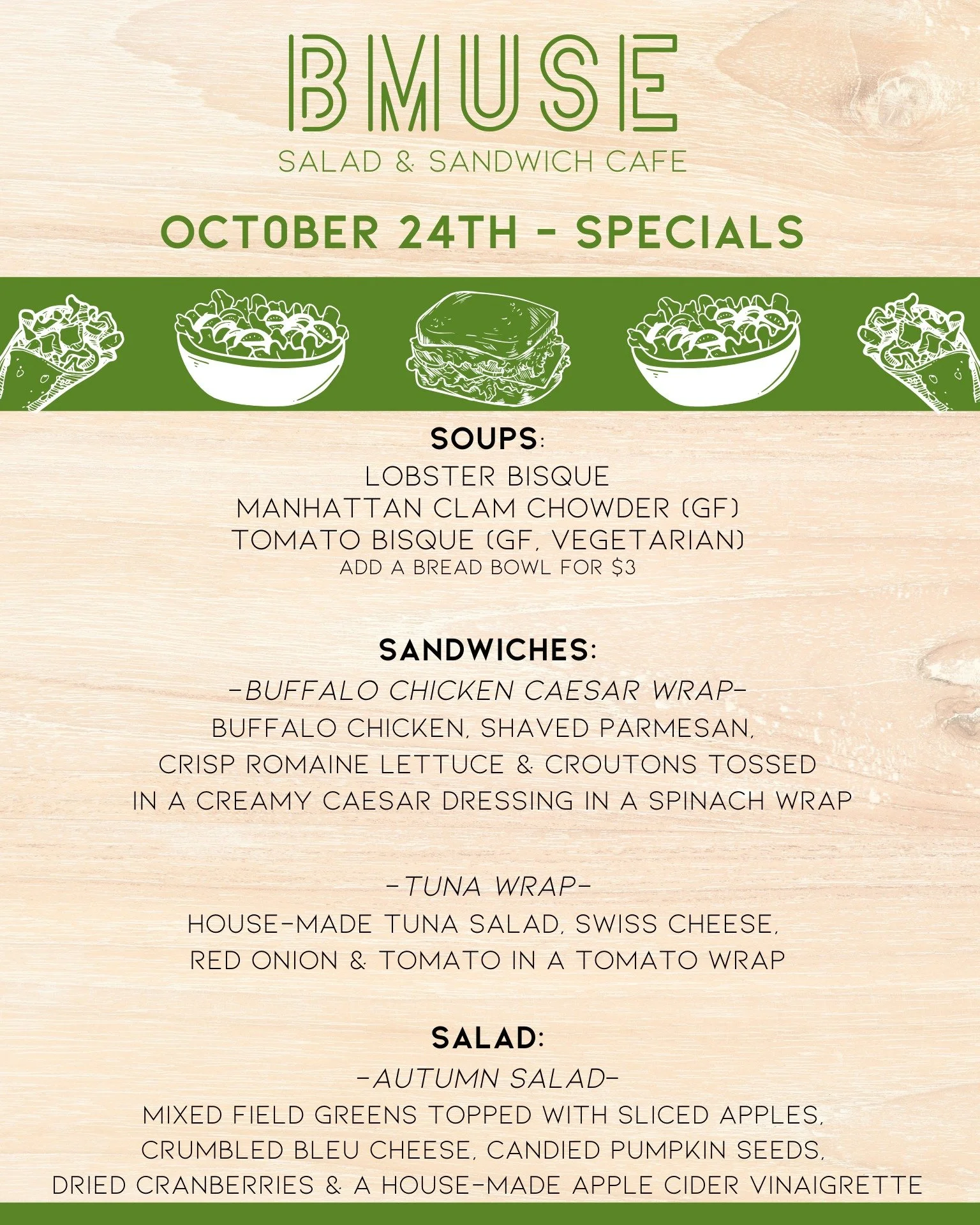 Happy Friday!  We’re open
10a-3p today, stop by & kick off your weekend with a BMuse lunch. 
Order online at bit.ly/BMuseCafe
Call 203.265.1400
Visit 665 N Colony Rd, Wallingford 
.
.
.
.
#ctfoodie #foodofct #lunchtime #ctcafe #wallingfor