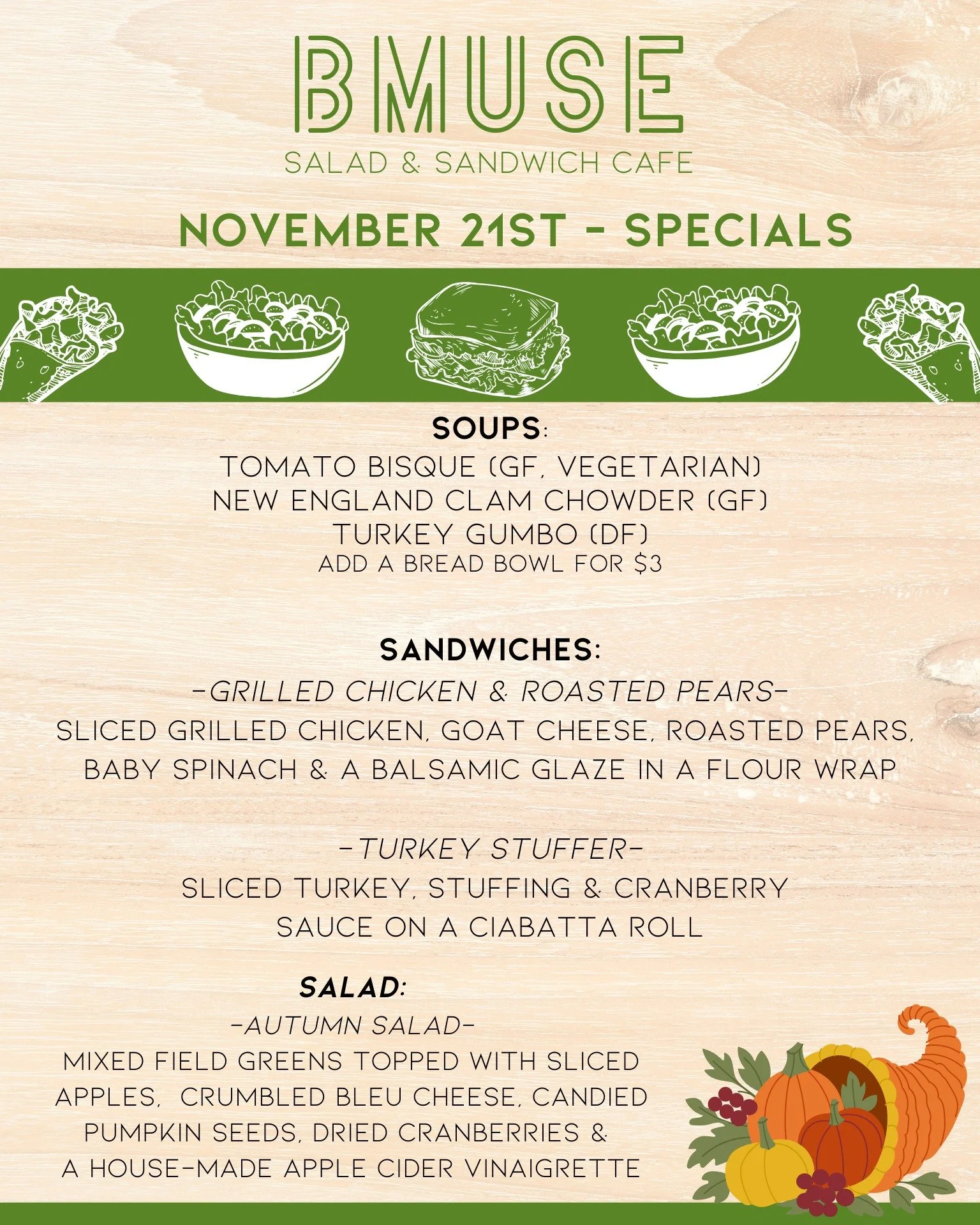 Happy Friday!  Kick off your weekend with one of our delicious specials.

Open today 10a-3p
Order online at bit.ly/BMuseCafe
Call 203.265.1400
Visit 665 N Colony Rd, Wallingford 
.
.
.
.

#ctfoodie #foodofct #lunchtime #ctcafe #wallingfordeats #newha