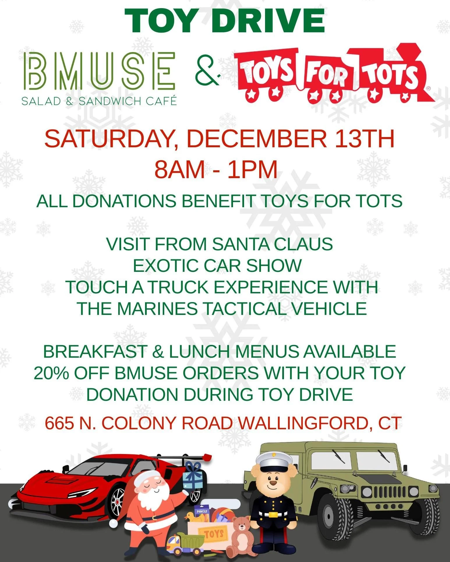 BMuse is hosting a Toys for Tots toy drive!! Stop by Saturday Dec 13th, 8a-1p &amp; support a great cause. 

665 N Colony Rd, Wallingford 
.
.
.
.

#ctfoodie #foodofct #lunchtime #ctcafe #wallingfordeats #newhavencountyfood #foodofnewhavencounty #hun