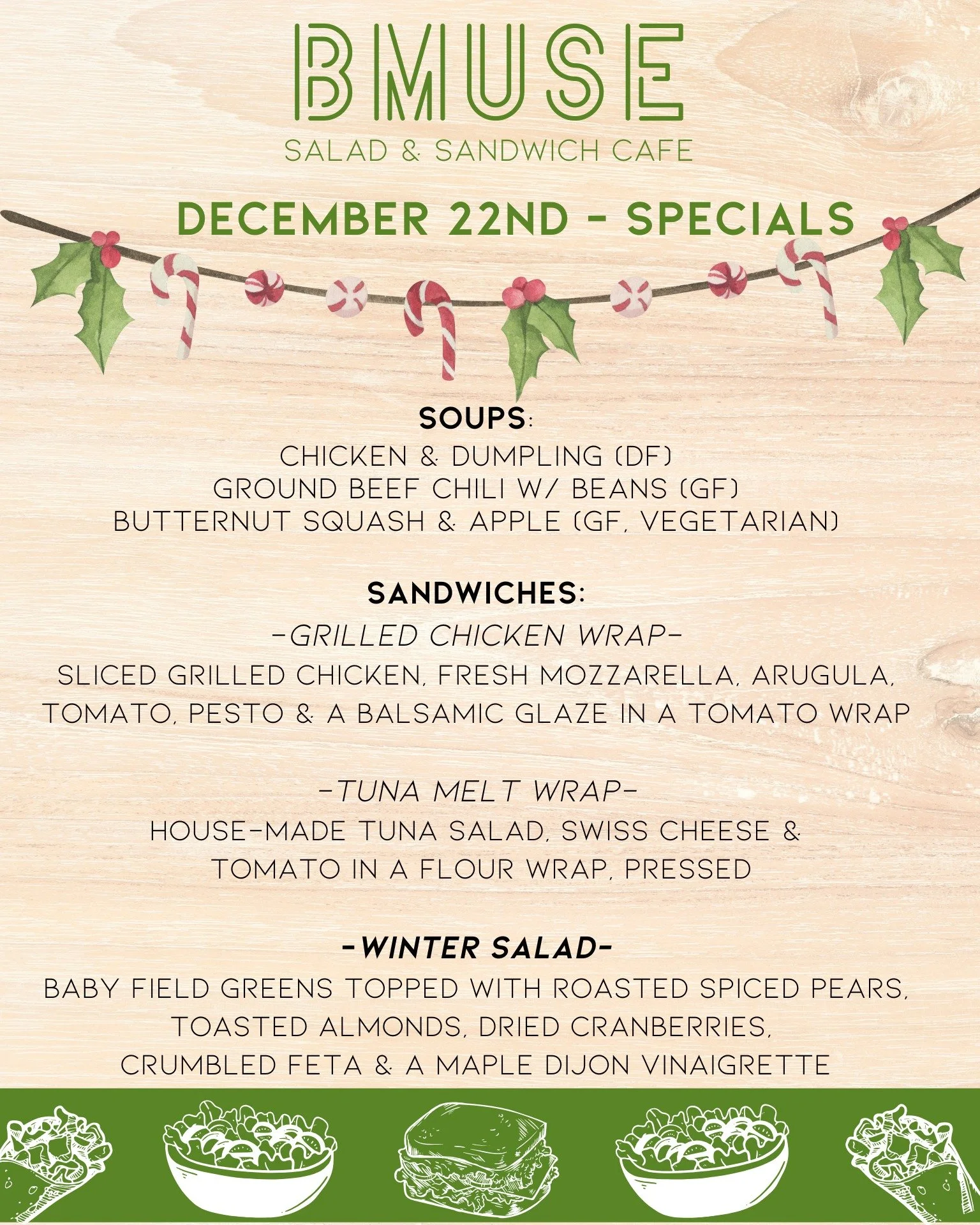 Good Morning Monday! 
We&rsquo;re open 10a-3p for all your lunch needs. You can also grab something for later from our Grab N Go Cooler or maybe a gift card for a last minute gift idea.

Order online at bit.ly/BMuseCafe
Call 203.265.1400
Visit 665 N 