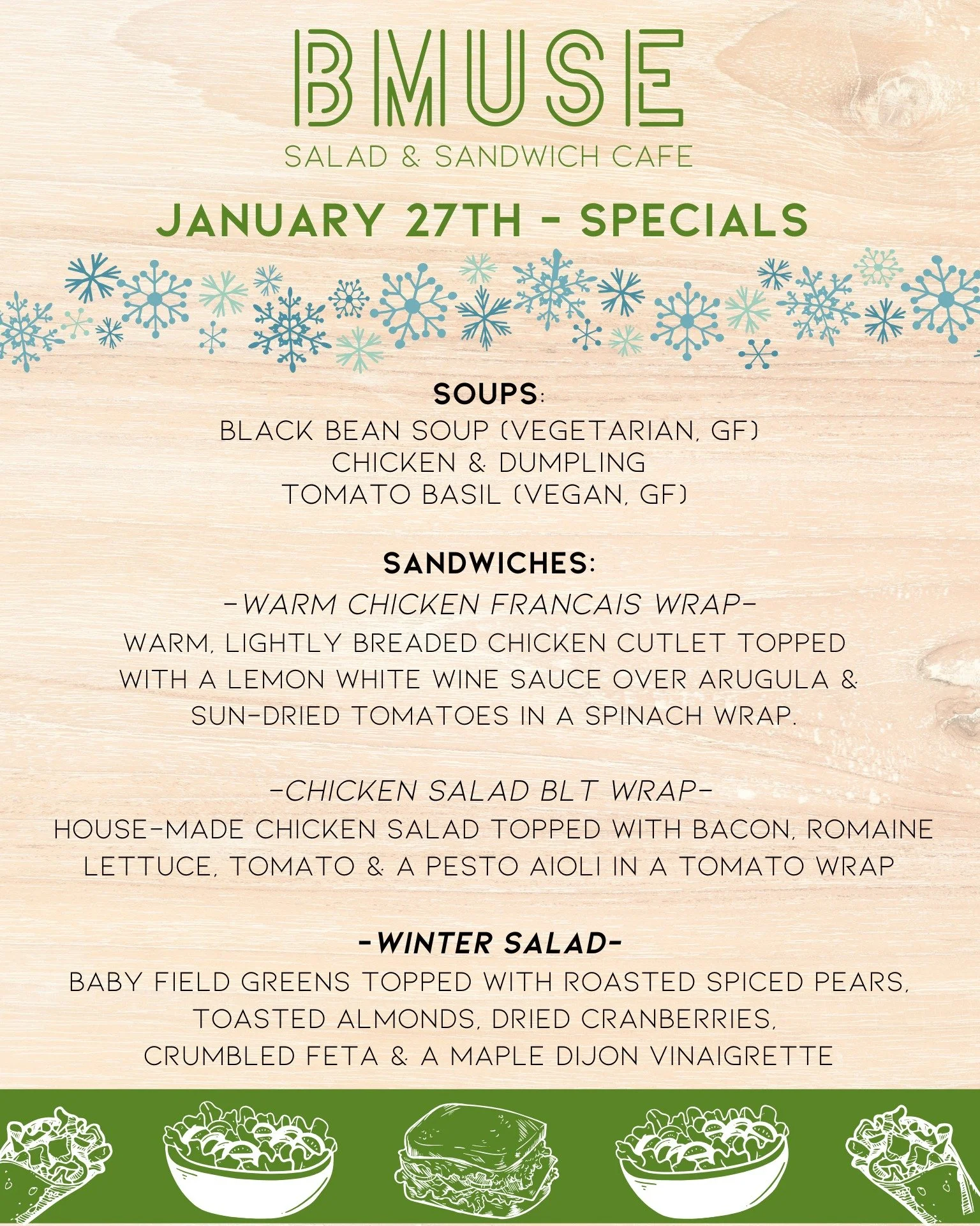 Good Morning!  We are open today 10a-3p. Stop in and warm up with a delicious BMuse lunch!!!

Order online at bit.ly/BMuseCafe
Call 203.265.1400
Visit 665 N Colony Rd, Wallingford 
.
.
.
.

#ctfoodie #foodofct #lunchtime #ctcafe #wallingfordeats #new