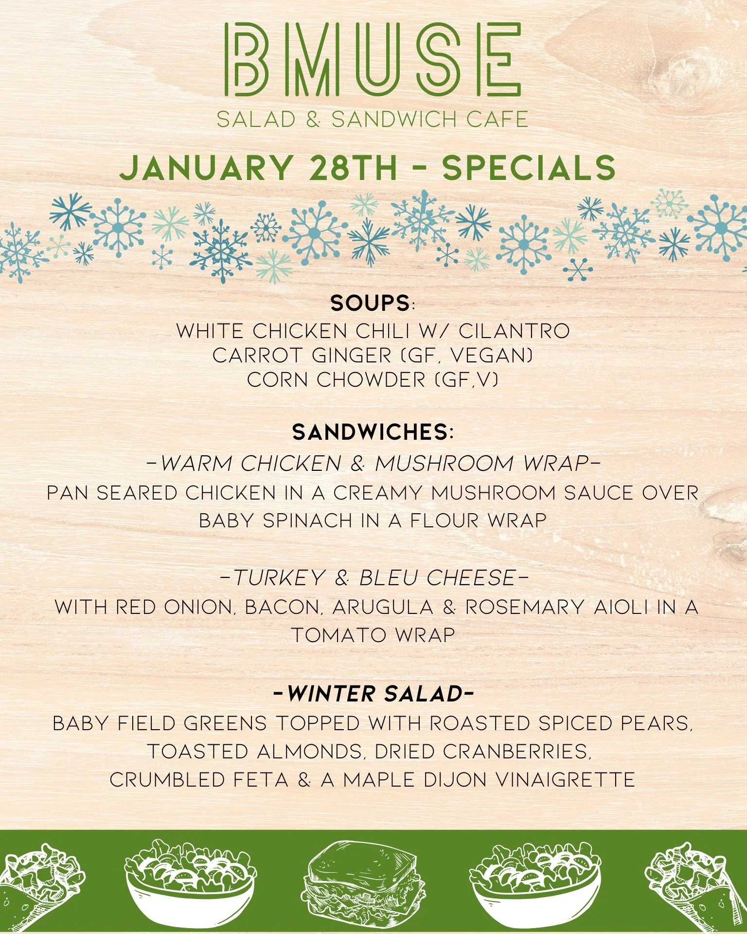 Good Morning Wallingford! We have officially made it to Wednesday! Why not celebrate with a trip to BMuse for one of our delicious soups, salads, and sandwiches!

We are here today 10am to 3pm, and look forward to seeing you!