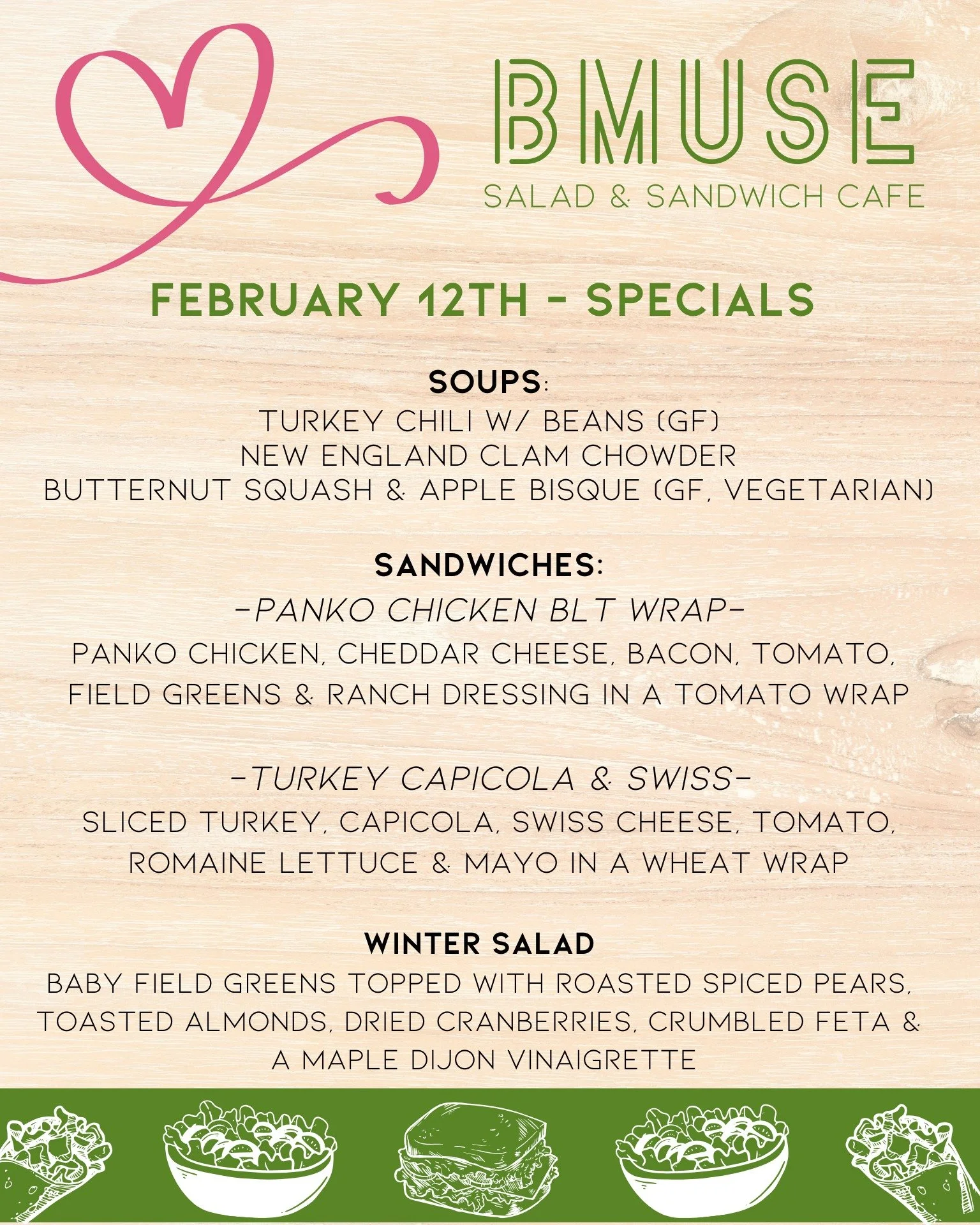 We&rsquo;re open 10a-3p on this 
terrific Thursday.  Stop by &amp; enjoy one of our tasty soups, salads or sandwiches for lunch.
AND dont forget to put in your guess the
 Candy Heart contest for a chance to win a free lunch*

Order online at bit.ly/B