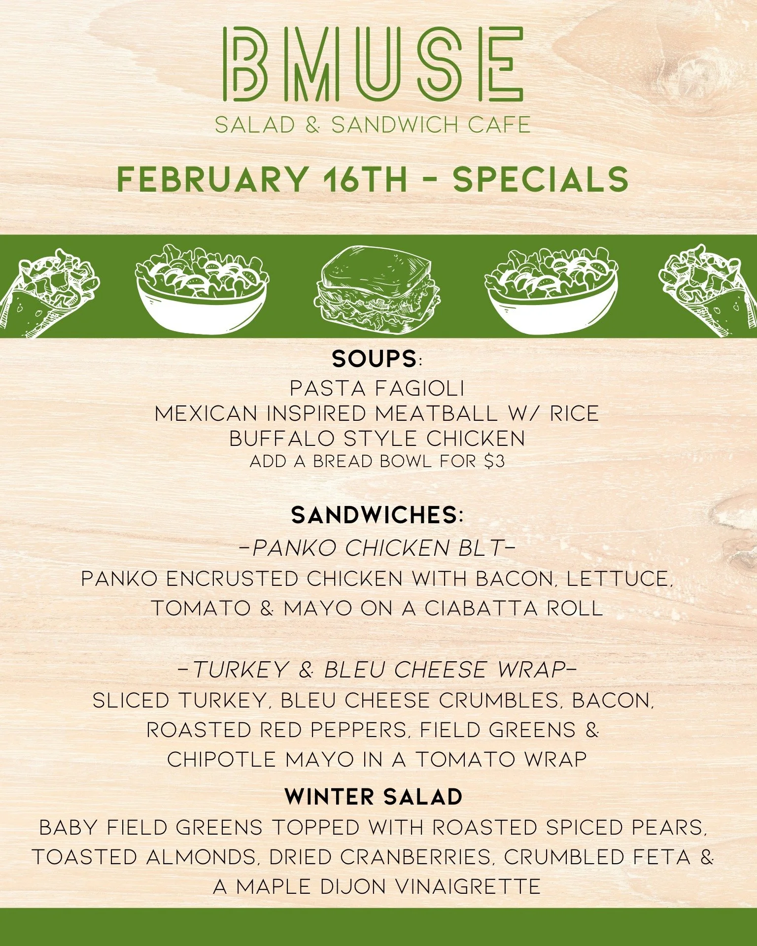 Good Morning Wallingford!
We are open 10a-3p today serving up tasty soups, salads or sandwiches.  Come on down!

Order online at bit.ly/BMuseCafe
Call 203.265.1400
Visit 665 N Colony Rd, Wallingford 
.
.
.
.

#ctfoodie #foodofct #lunchtime #ctcafe #w