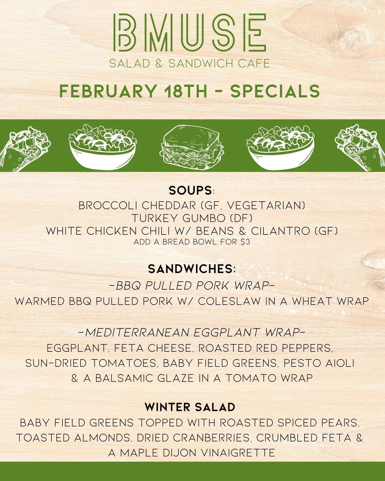 We&rsquo;re open 10a-3p today, stop in &amp; enjoy one of our tasty soups, salads or sandwiches for lunch!

Order online at bit.ly/BMuseCafe
Call 203.265.1400
Visit 665 N Colony Rd, Wallingford 
.
.
.
.

#ctfoodie #foodofct #lunchtime #ctcafe #wallin