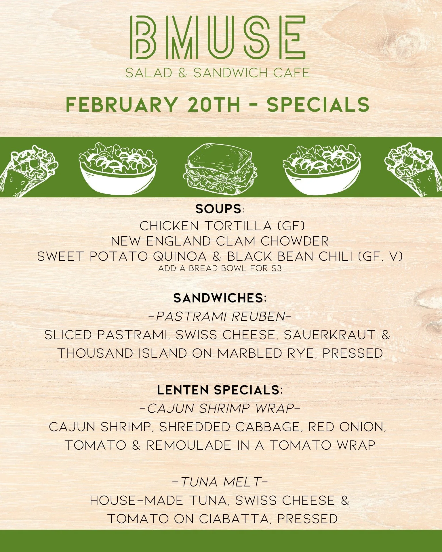 Kick off you weekend with a BMuse lunch.
We&rsquo;re open 10a-3p - stop by &amp; enjoy one of our 
tasty soups, salads or sandwiches. 

Order online at bit.ly/BMuseCafe
Call 203.265.1400
Visit 665 N Colony Rd, Wallingford 
.
.
.
.

#ctfoodie #foodofc