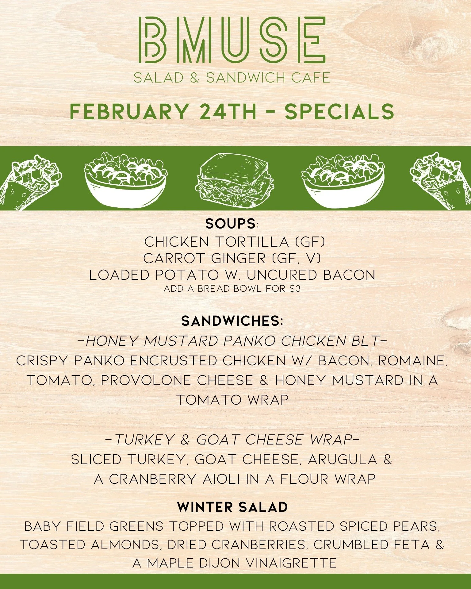 The snow won't keep us away for long!  Back open today  10a-3p. Stop by &amp; enjoy one of our
 tasty soups, salads or sandwiches for lunch. 

Order online at bit.ly/BMuseCafe
Call 203.265.1400
Visit 665 N Colony Rd, Wallingford 
.
.
.
.

#ctfoodie #