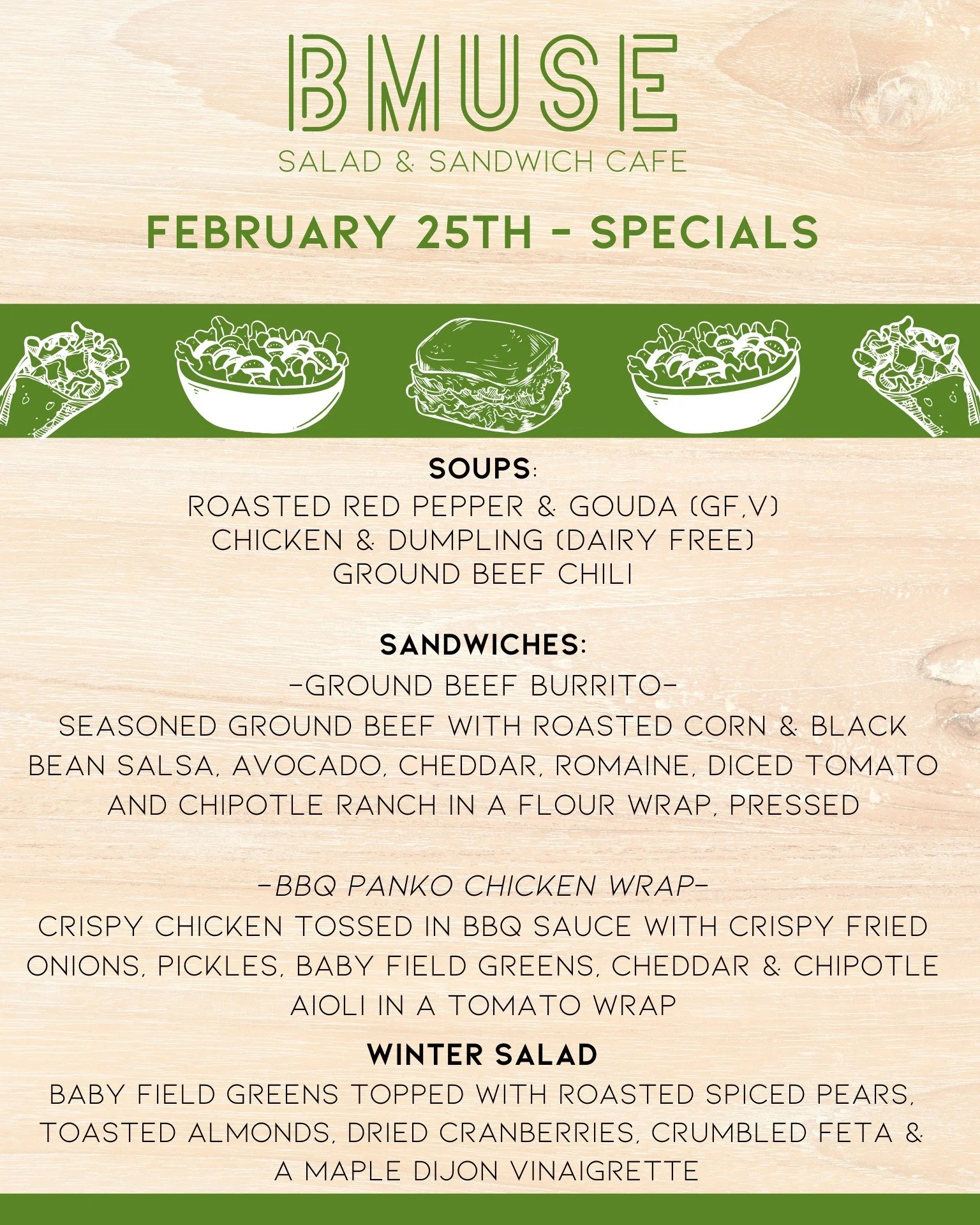 Good Morning Wednesday!  Come by &amp; enjoy a delicious BMuse lunch - open today 10a-3p.

Order online at bit.ly/BMuseCafe
Call 203.265.1400
Visit 665 N Colony Rd, Wallingford 
.
.
.
.

#ctfoodie #foodofct #lunchtime #ctcafe #wallingfordeats #newhav