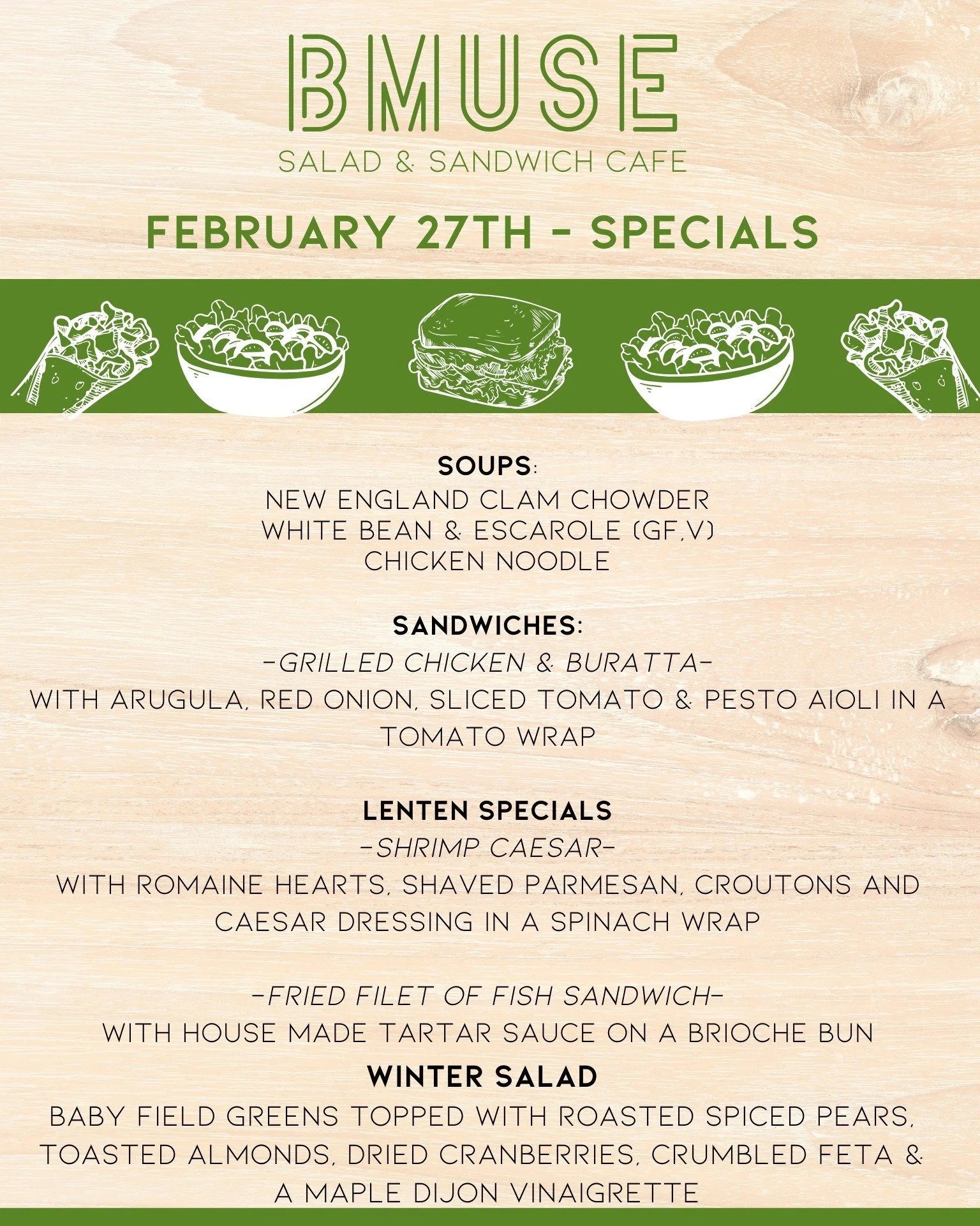 As we close out February, stop in for a delicious BMuse lunch.  We are open from 10a-3p!

Order online at bit.ly/BMuseCafe
Call 203.265.1400
Visit 665 N Colony Rd, Wallingford 
.
.
.
.

#ctfoodie #foodofct #lunchtime #ctcafe #wallingfordeats #newhave