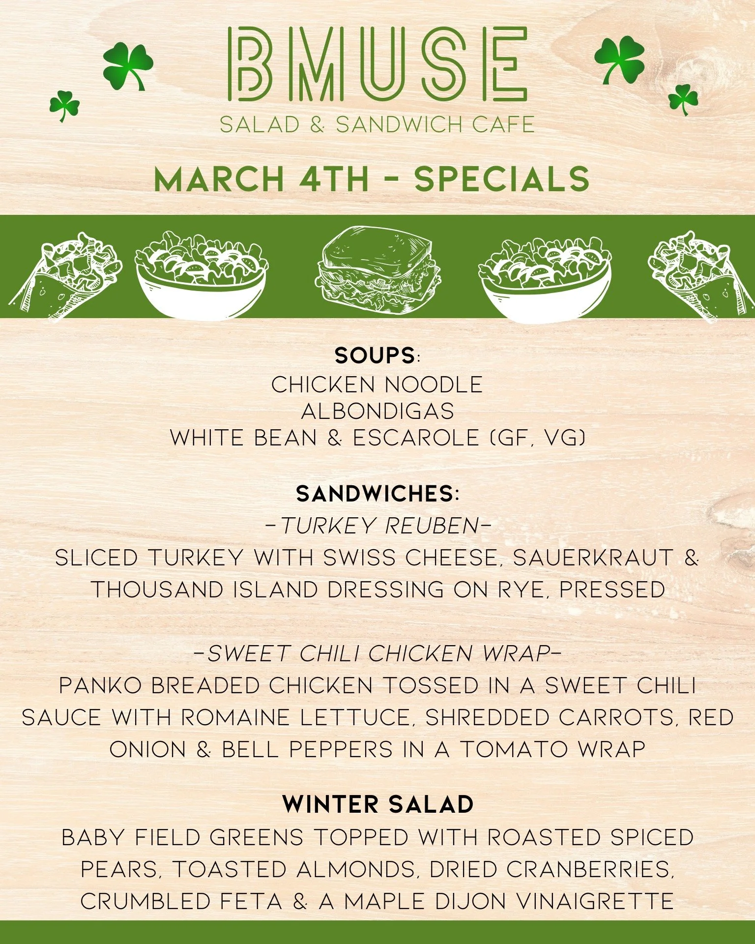 Happy Wednesday! We&rsquo;re open 10a-3p. Stop in &amp; enjoy a BMuse lunch. 

Order online at bit.ly/BMuseCafe
Call 203.265.1400
Visit 665 N Colony Rd, Wallingford 
.
.
.
.

#ctfoodie #foodofct #lunchtime #ctcafe #wallingfordeats #newhavencountyfood