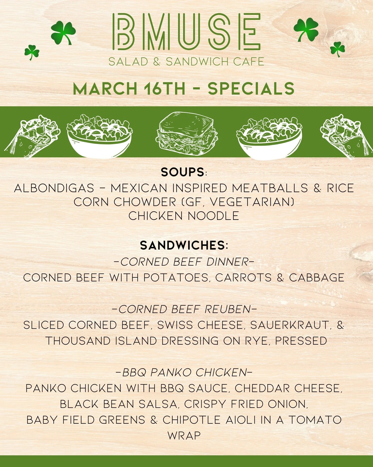 We&rsquo;re open until 3p!
Stop in and celebrate St. Patricks Day a little 
early with one of these delicious specials.

Order online at bit.ly/BMuseCafe
Call 203.265.1400
Visit 665 N Colony Rd, Wallingford 
.
.
.
.

#ctfoodie #foodofct #lunchtime #c