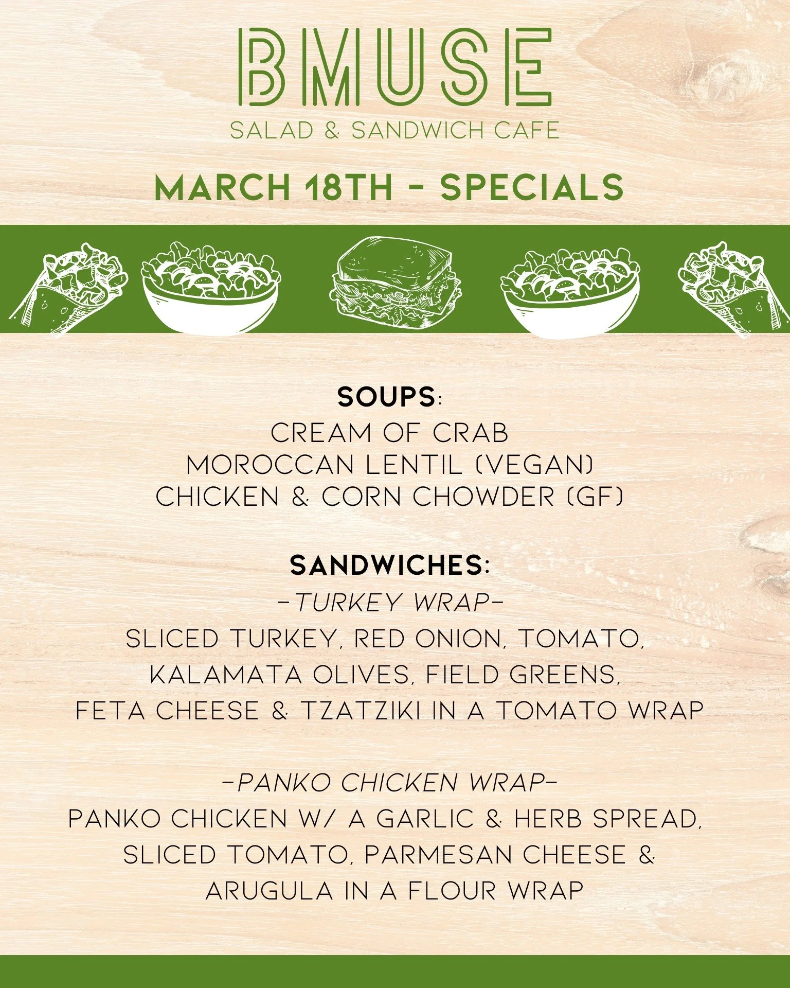 Happy Wednesday!
We are open 10a-3p today for lunch, stop in &amp; enjoy one of our tasty soups, salads or sandwiches. 

Order online at bit.ly/BMuseCafe
Call 203.265.1400
Visit 665 N Colony Rd, Wallingford 
.
.
.
.

#ctfoodie #foodofct #lunchtime #c