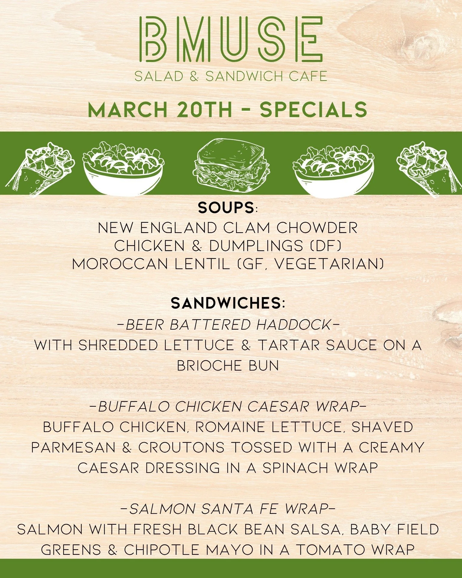 It's Friday so that means, 
we are open until 3p today.  Kick off the first day of spring and the weekend with a delicious BMuse lunch!!

Order online at bit.ly/BMuseCafe
Call 203.265.1400
Visit 665 N Colony Rd, Wallingford
.
.
.
.

#ctfoodie #foodof