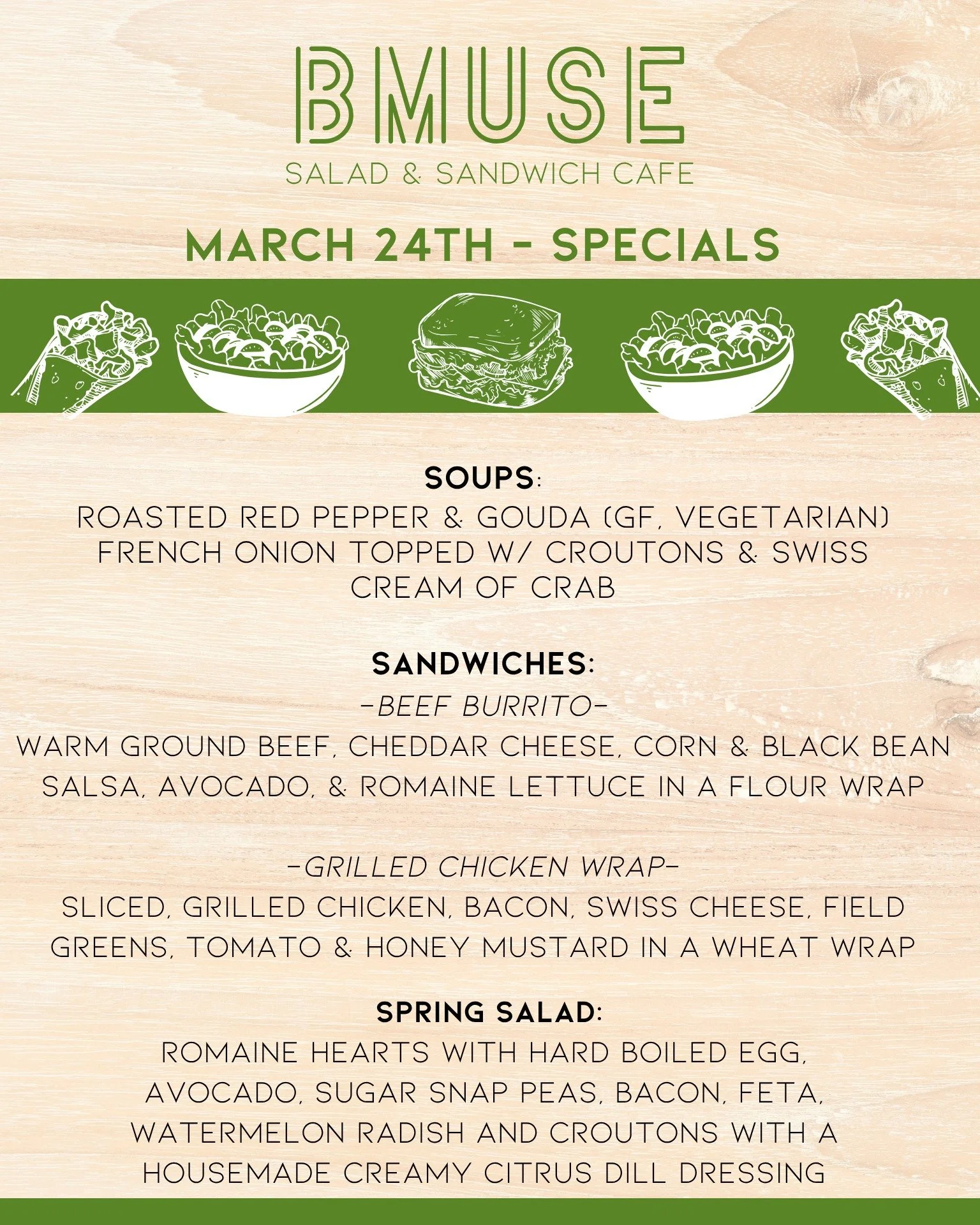 Good Morning Tuesday!  We&rsquo;re open 10a-3p. Stop in &amp; enjoy one of our tasty soups, salads or sandwiches for lunch. 

Order online at bit.ly/BMuseCafe
Call 203.265.1400
Visit 665 N Colony Rd, Wallingford 
.
.
.
.

#ctfoodie #foodofct #lunchti