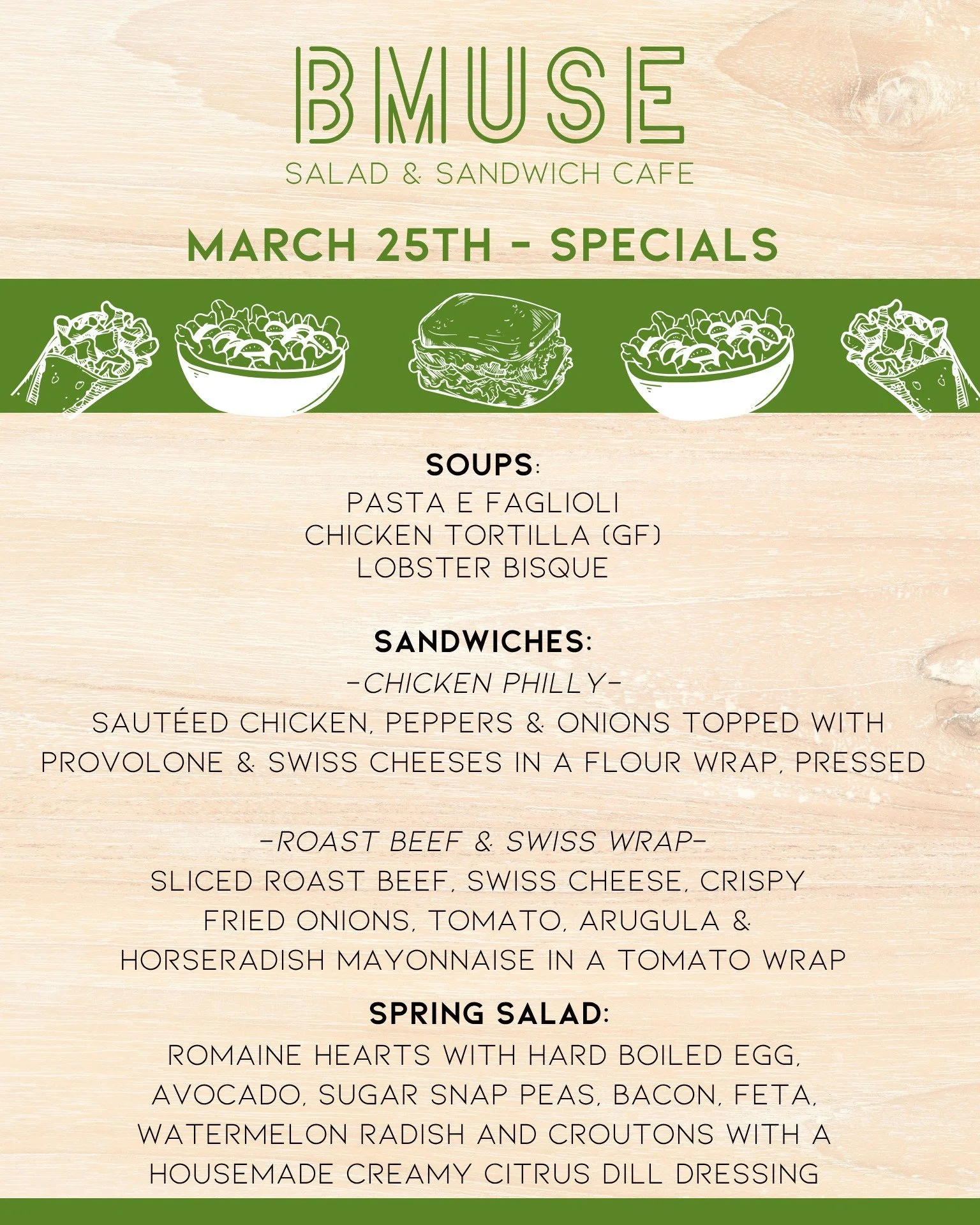 It's Wednesday which means were open  10a-3p for lunch!

Order online at bit.ly/BMuseCafe
Call 203.265.1400
Visit 665 N Colony Rd, Wallingford 
.
.
.
.

#ctfoodie #foodofct #lunchtime #ctcafe #wallingfordeats #newhavencountyfood #foodofnewhavencounty