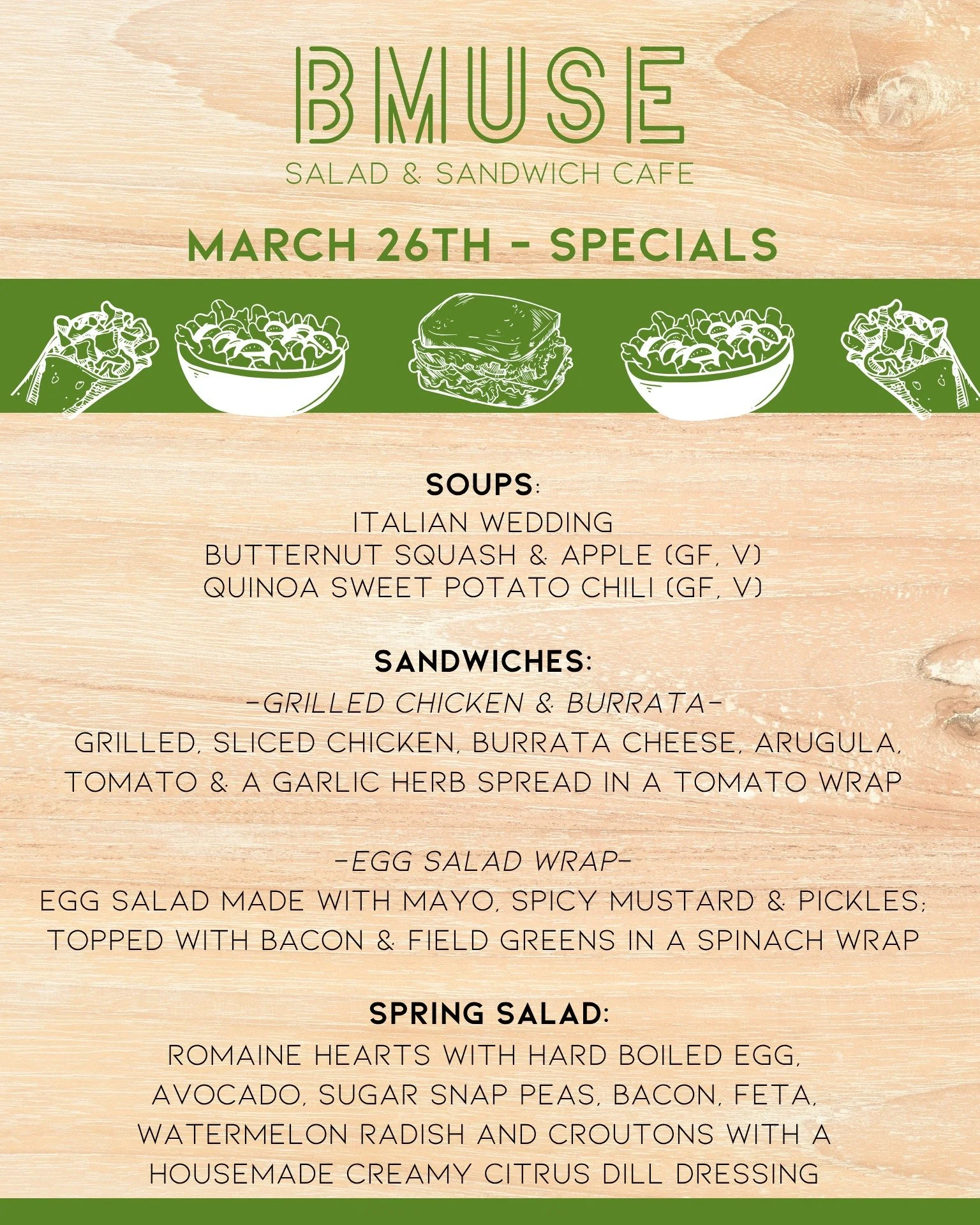 Good Morning!  We&rsquo;re open 10a-3p,  stop in &amp; enjoy a delicious lunch by BMuse.

Order online at bit.ly/BMuseCafe
Call 203.265.1400
Visit 665 N Colony Rd, Wallingford 
.
.
.
.

#ctfoodie #foodofct #lunchtime #ctcafe #wallingfordeats #newhave