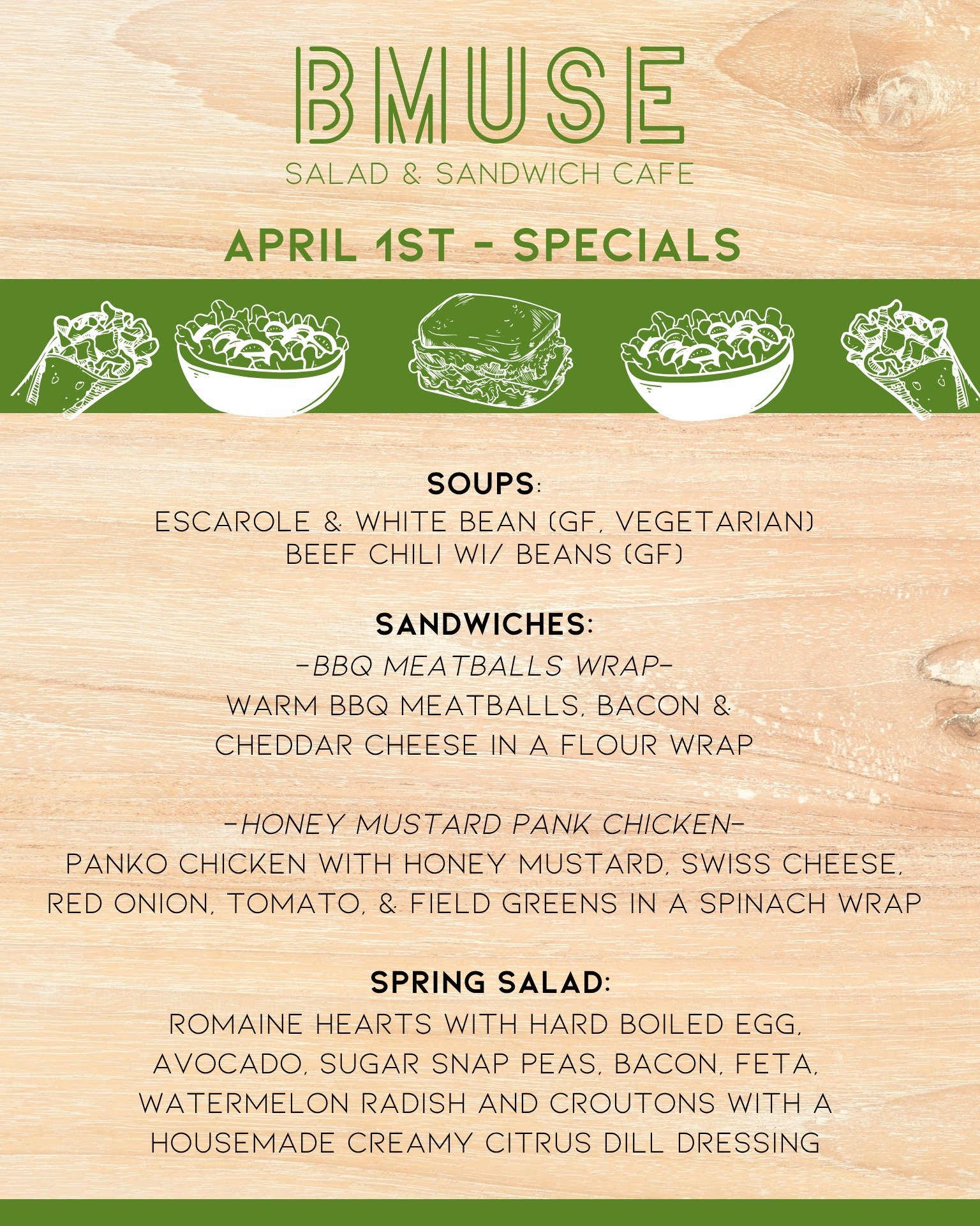 Kick off April with a delicious lunch!
We&rsquo;re open 10a-3p.  Stop in &amp; enjoy one of our tasty soups, salads or sandwiches. 

Order online at bit.ly/BMuseCafe
Call 203.265.1400
Visit 665 N Colony Rd, Wallingford 
.
.
.
.

#ctfoodie #foodofct #