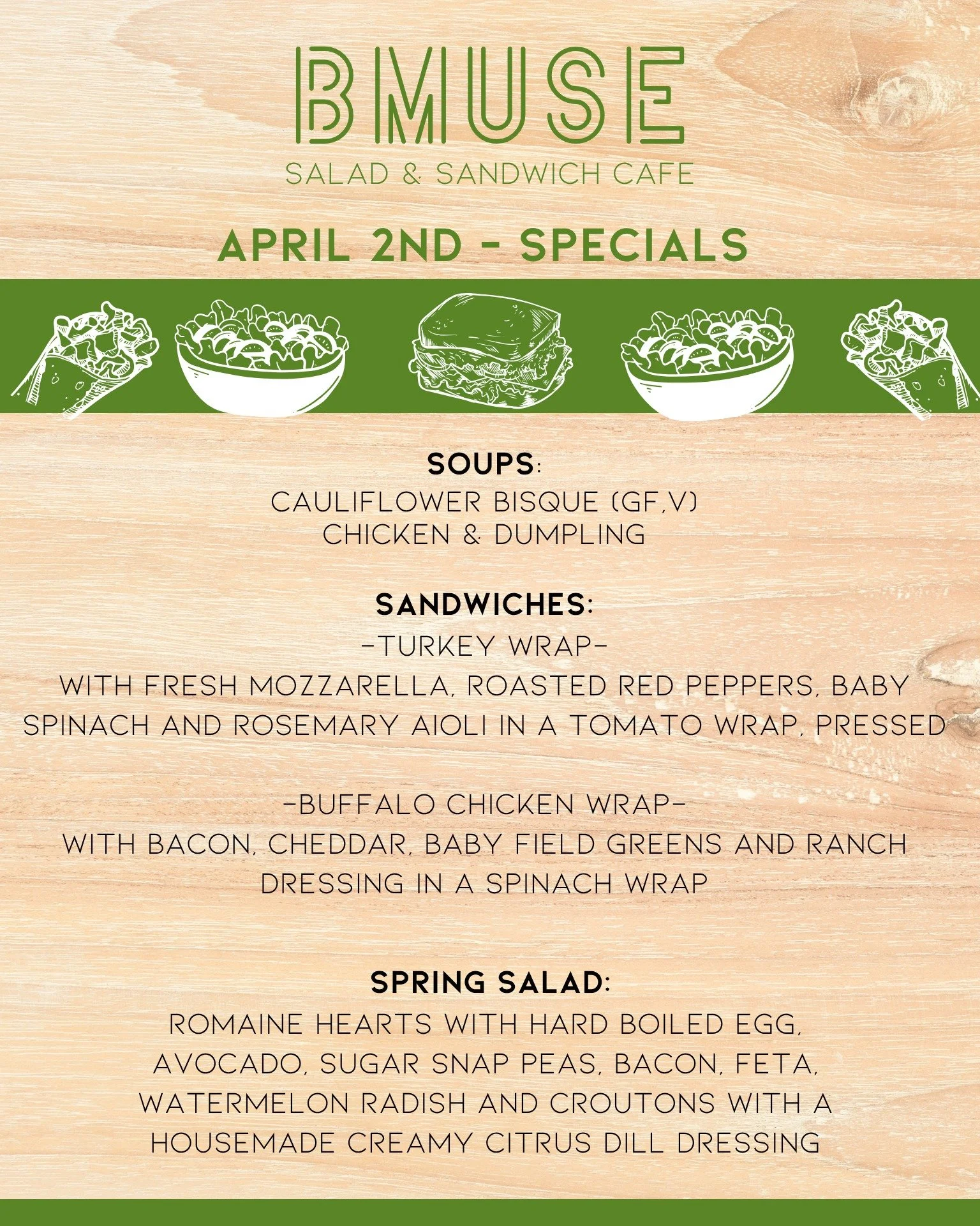 Good Morning Wallingford!
We know the weather is dreary, brighten up your day with a delicious soup, salad or sandwich from BMuse Cafe!

We are here until 3pm and as always, looking forward to seeing you!