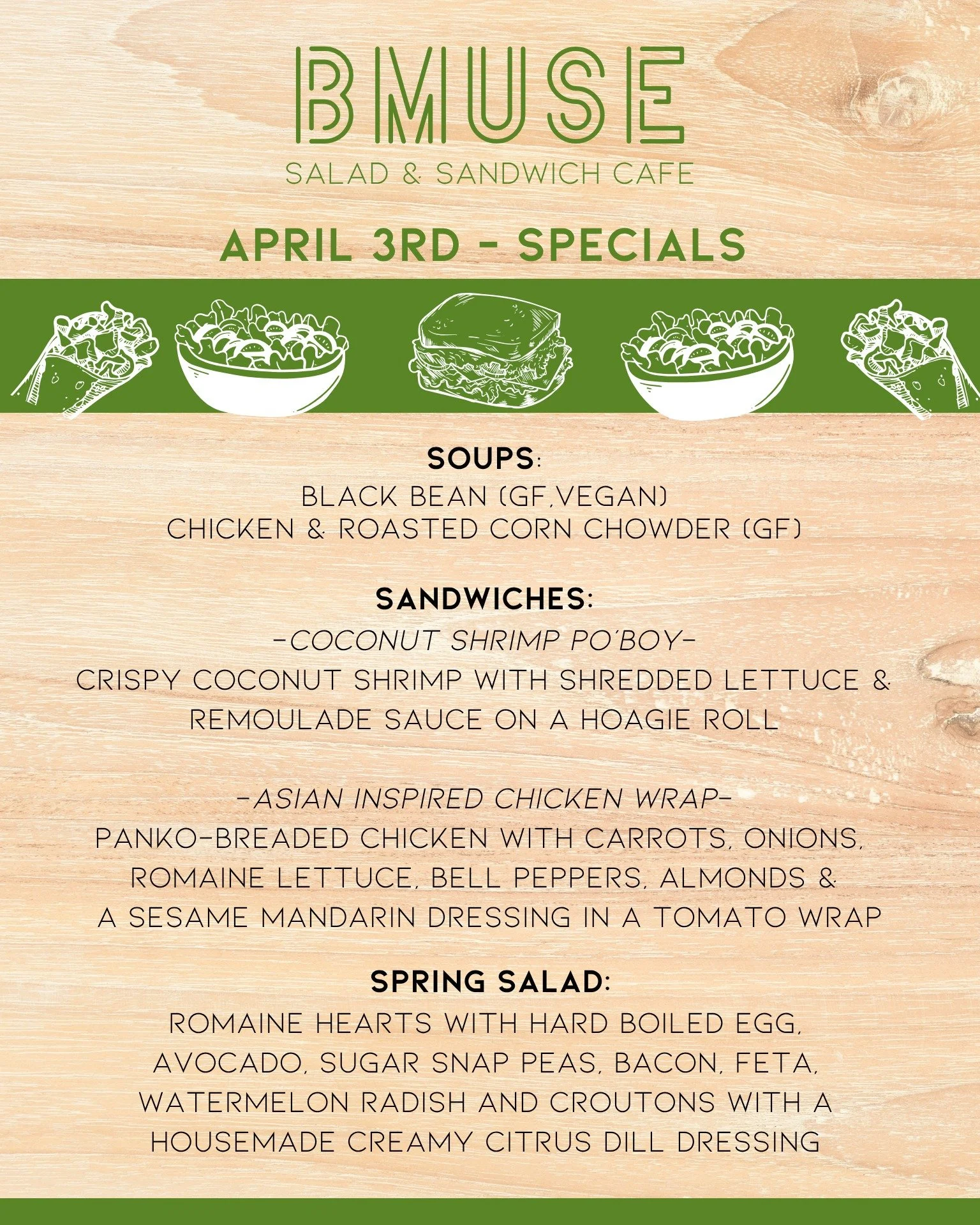 Happy Friday!  Stop in &amp; enjoy a delicious BMuse lunch.  We are open 10a-3p today.

Order online at bit.ly/BMuseCafe
Call 203.265.1400
Visit 665 N Colony Rd, Wallingford 
.
.
.
.

#ctfoodie #foodofct #lunchtime #ctcafe #wallingfordeats #newhavenc