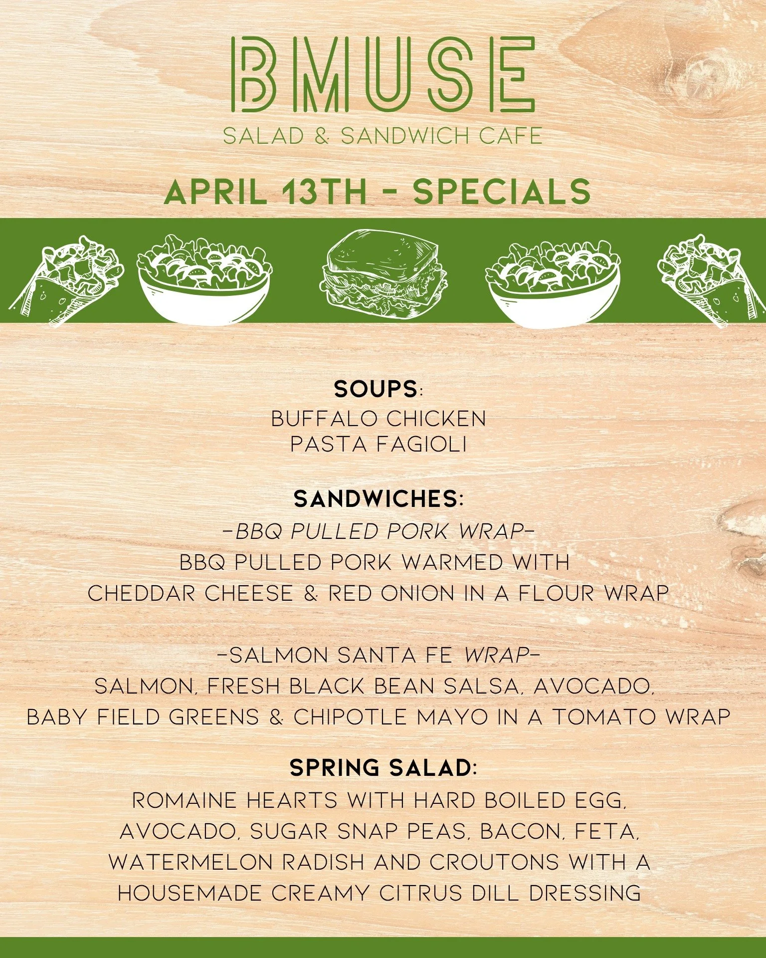 Good Morning Monday!  We&rsquo;re open 10a-3p today so you can  stop in &amp; enjoy a delicious BMuse lunch. 

Order online at bit.ly/BMuseCafe
Call 203.265.1400
Visit 665 N Colony Rd, Wallingford 
.
.
.
.

#ctfoodie #foodofct #lunchtime #ctcafe #wal