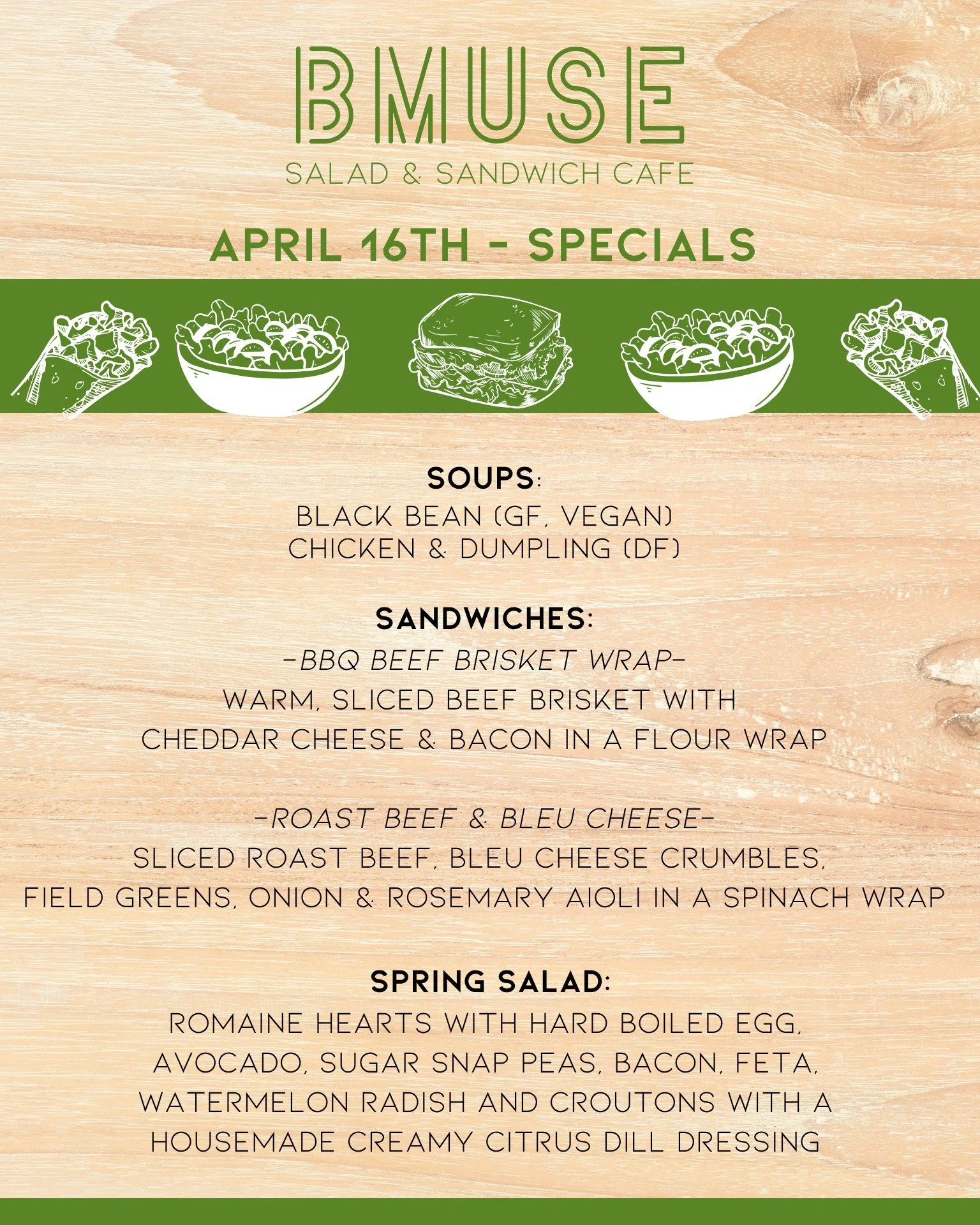 The weekend is right around the corner! 
Stop in for a tasty BMuse lunch, we&rsquo;re open 10a-3p.

Order online at bit.ly/BMuseCafe
Call 203.265.1400
Visit 665 N Colony Rd, Wallingford 
.
.
.
.

#ctfoodie #foodofct #lunchtime #ctcafe #wallingfordeat