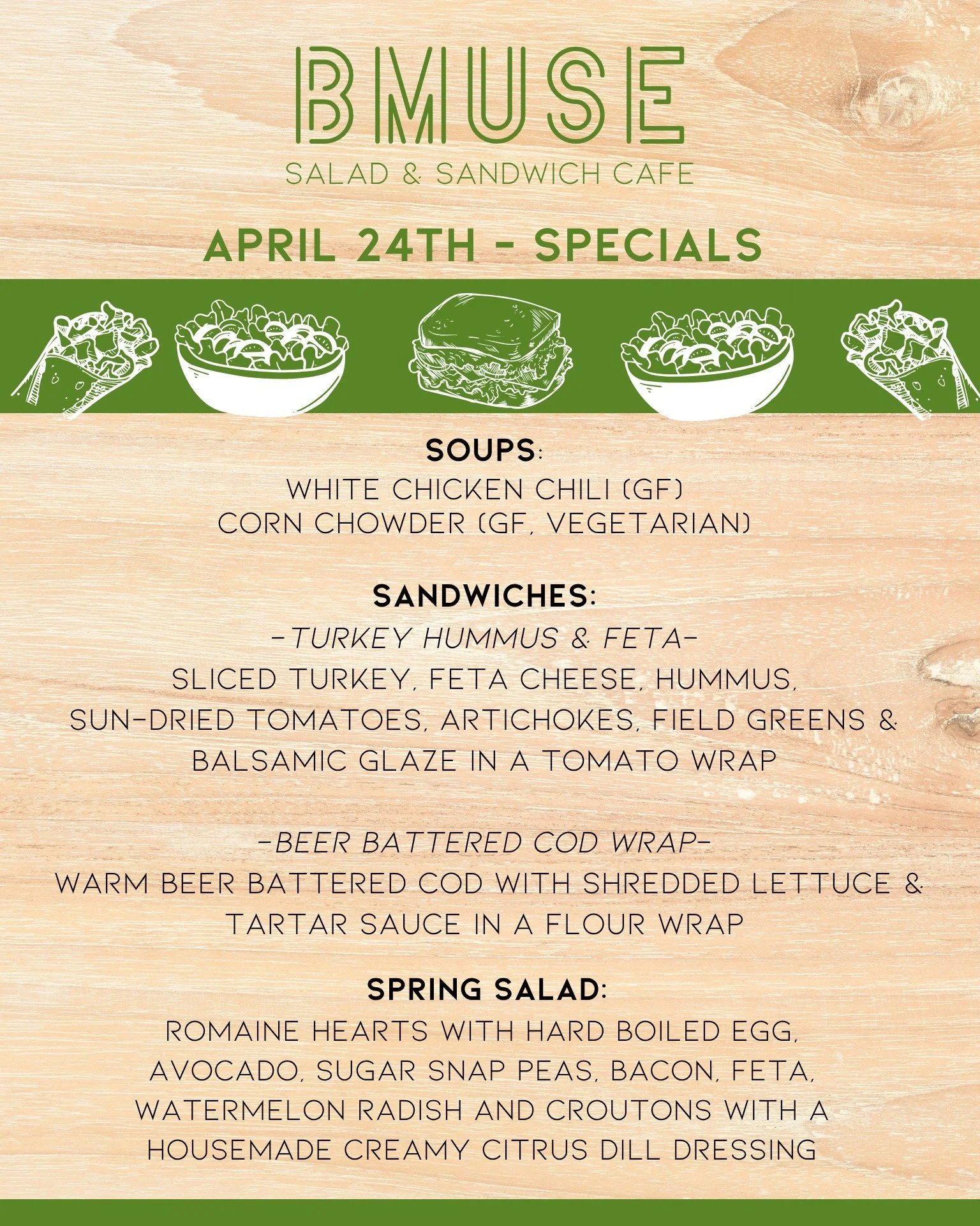 Happy Friday - kick off the weekend with lunch by BMuse!  We are open 10a-3p today.

Order online at bit.ly/BMuseCafe
Call 203.265.1400
Visit 665 N Colony Rd, Wallingford 
.
.
.
.

#ctfoodie #foodofct #lunchtime #ctcafe #wallingfordeats #newhavencoun