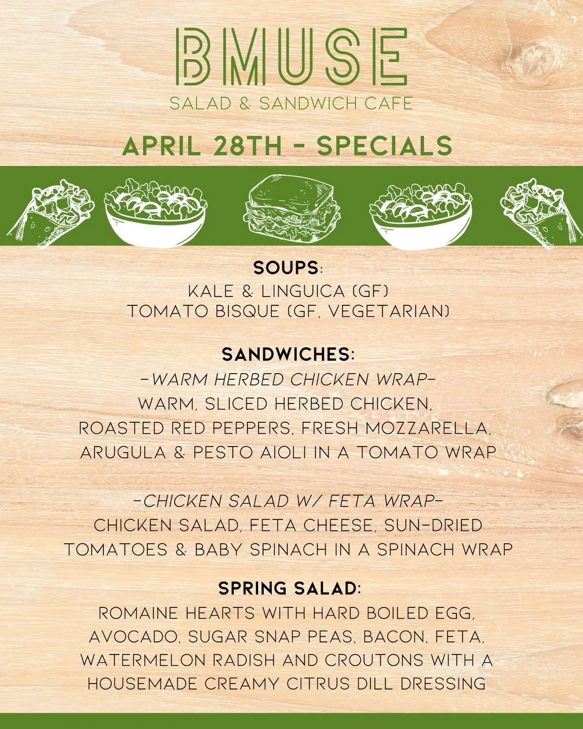 Good Morning!  We are open 10a-3p today for lunch. 

Order online at bit.ly/BMuseCafe
Call 203.265.1400
Visit 665 N Colony Rd, Wallingford 
.
.
.
.

#ctfoodie #foodofct #lunchtime #ctcafe #wallingfordeats #newhavencountyfood #foodofnewhavencounty #hu