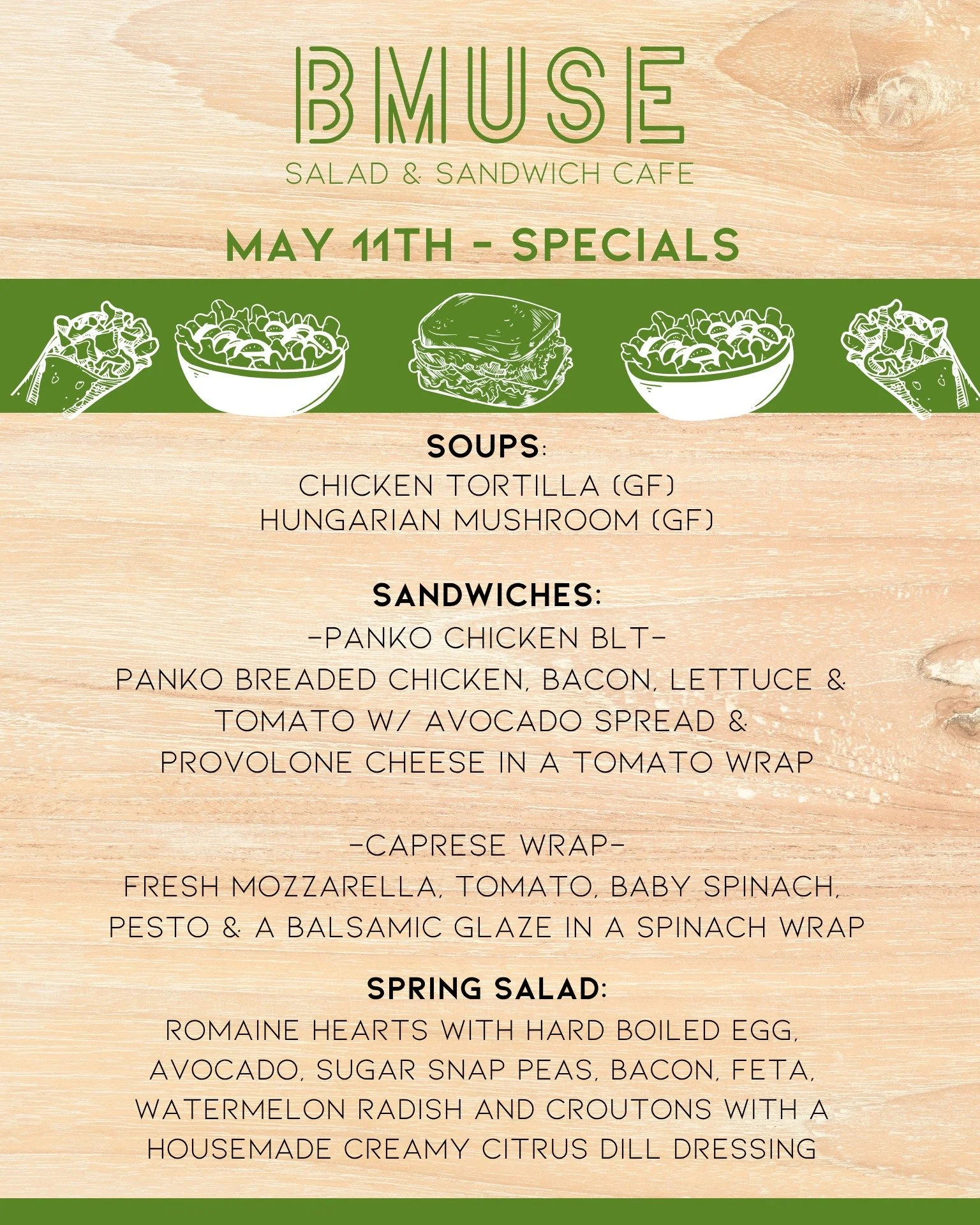 Happy Monday Morning!  Kick off your week with a BMuse lunch; we are open 10a-3p today.

Order online at bit.ly/BMuseCafe
Call 203.265.1400
Visit 665 N Colony Rd, Wallingford 
.
.
.
.

#ctfoodie #foodofct #lunchtime #ctcafe #wallingfordeats #newhaven