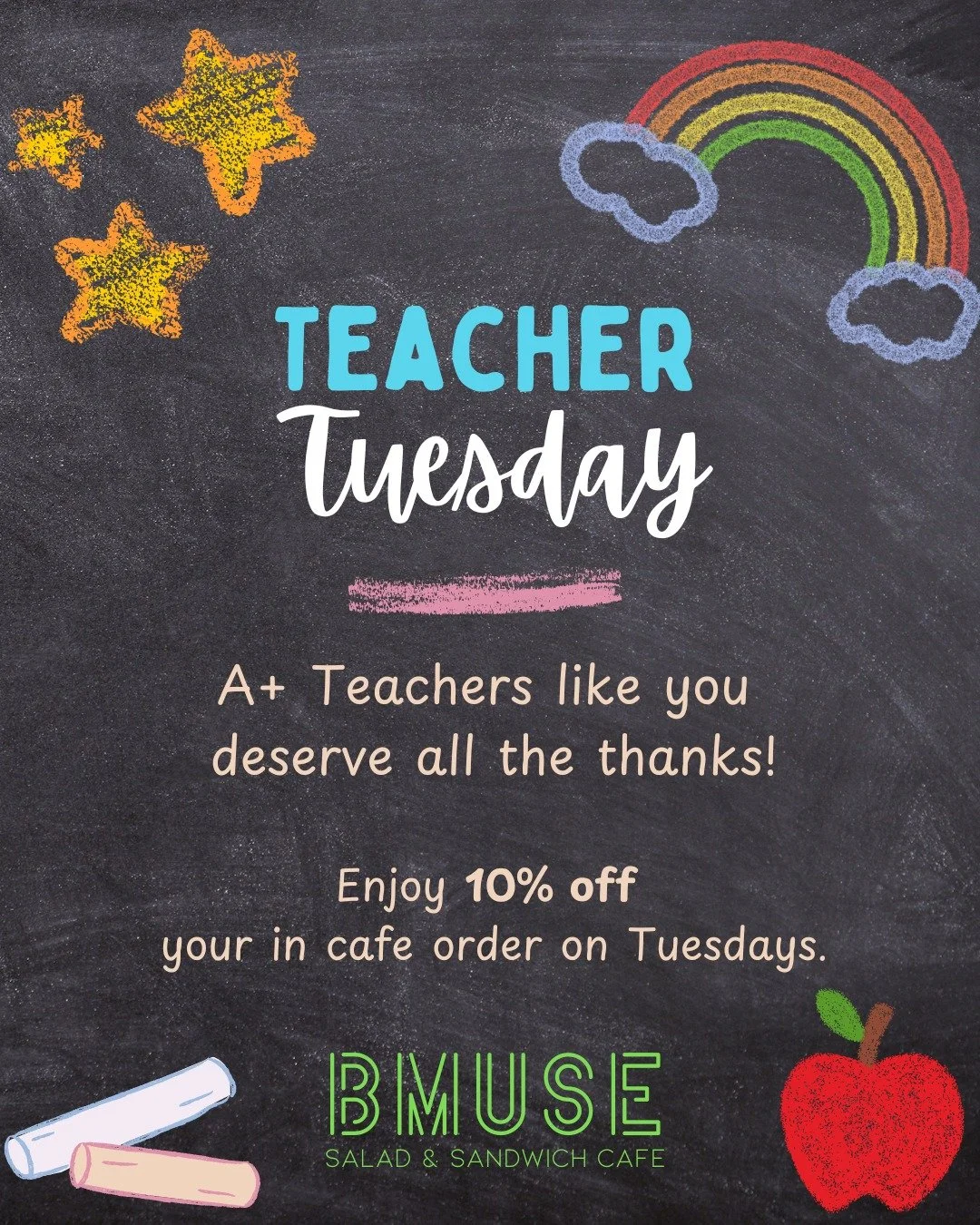 Teachers, we appreciate you!
Enjoy 10% off your in cafe order on Tuesdays as our way to say thanks 🍎✏️

Order online at bit.ly/BMuseCafe
Call 203.265.1400
Visit 665 N Colony Rd, Wallingford