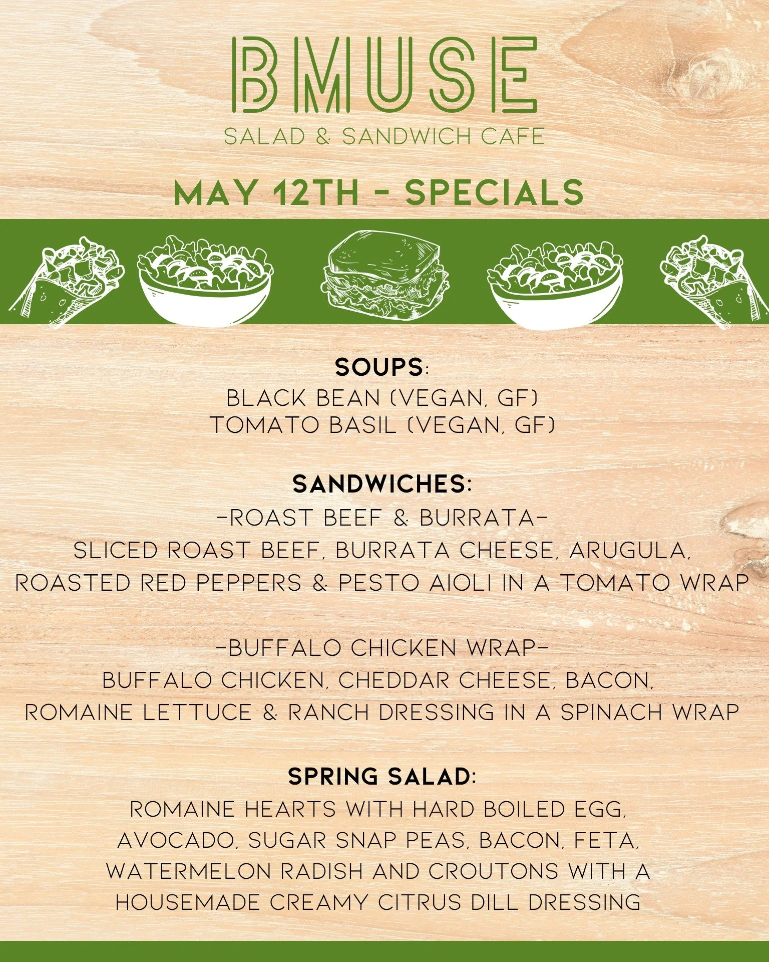 We&rsquo;re open 10a-3p - stop by &amp; enjoy one of our tasty soups, salads or sandwiches for lunch. 

Order online at bit.ly/BMuseCafe
Call 203.265.1400
Visit 665 N Colony Rd, Wallingford 
.
.
.
.

#ctfoodie #foodofct #lunchtime #ctcafe #wallingfor