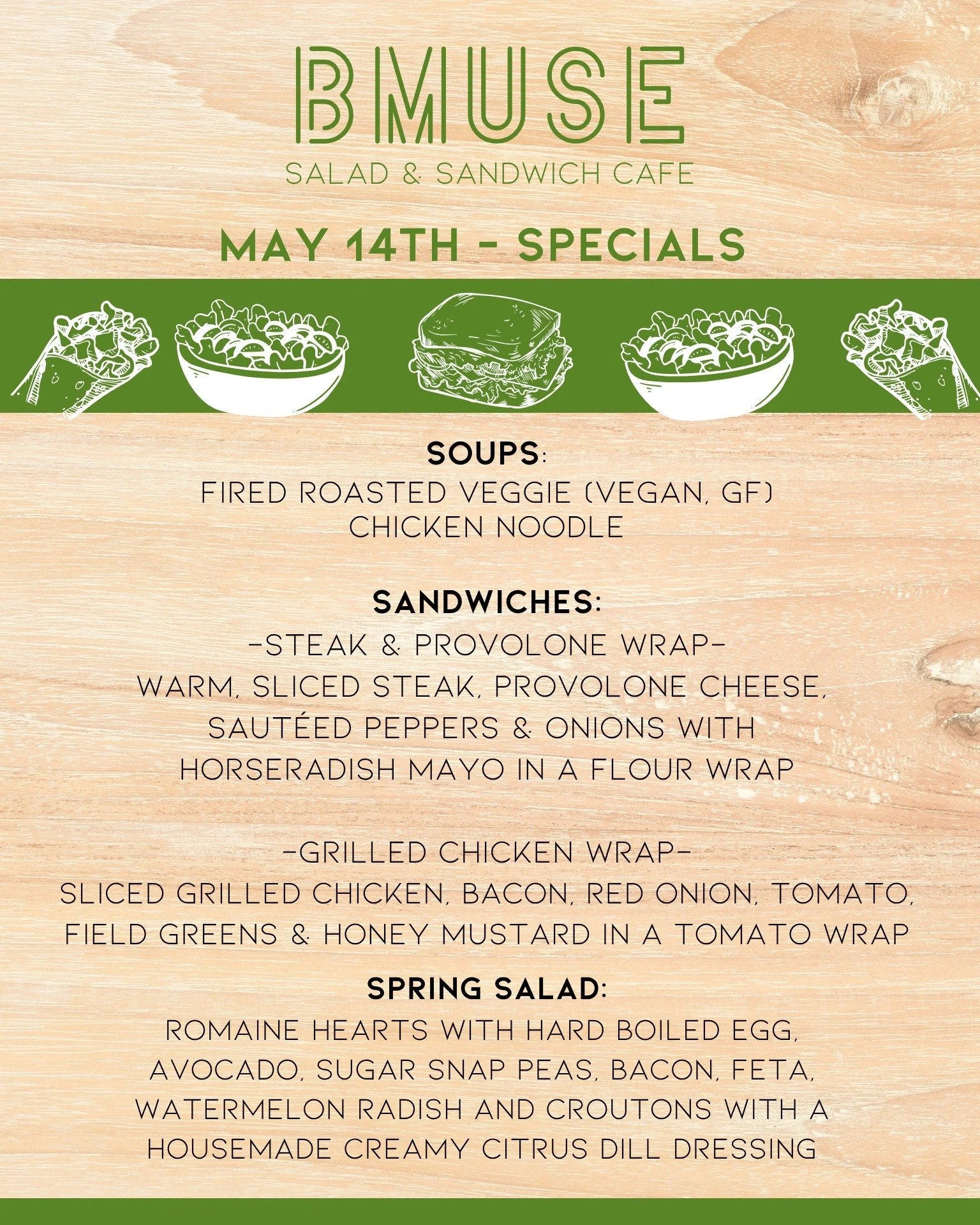 Good Morning!  Stop by for a delicious lunch.  We are open until 3p today.

Order online at bit.ly/BMuseCafe
Call 203.265.1400
Visit 665 N Colony Rd, Wallingford 
.
.
.
.

#ctfoodie #foodofct #lunchtime #ctcafe #wallingfordeats #newhavencountyfood #f