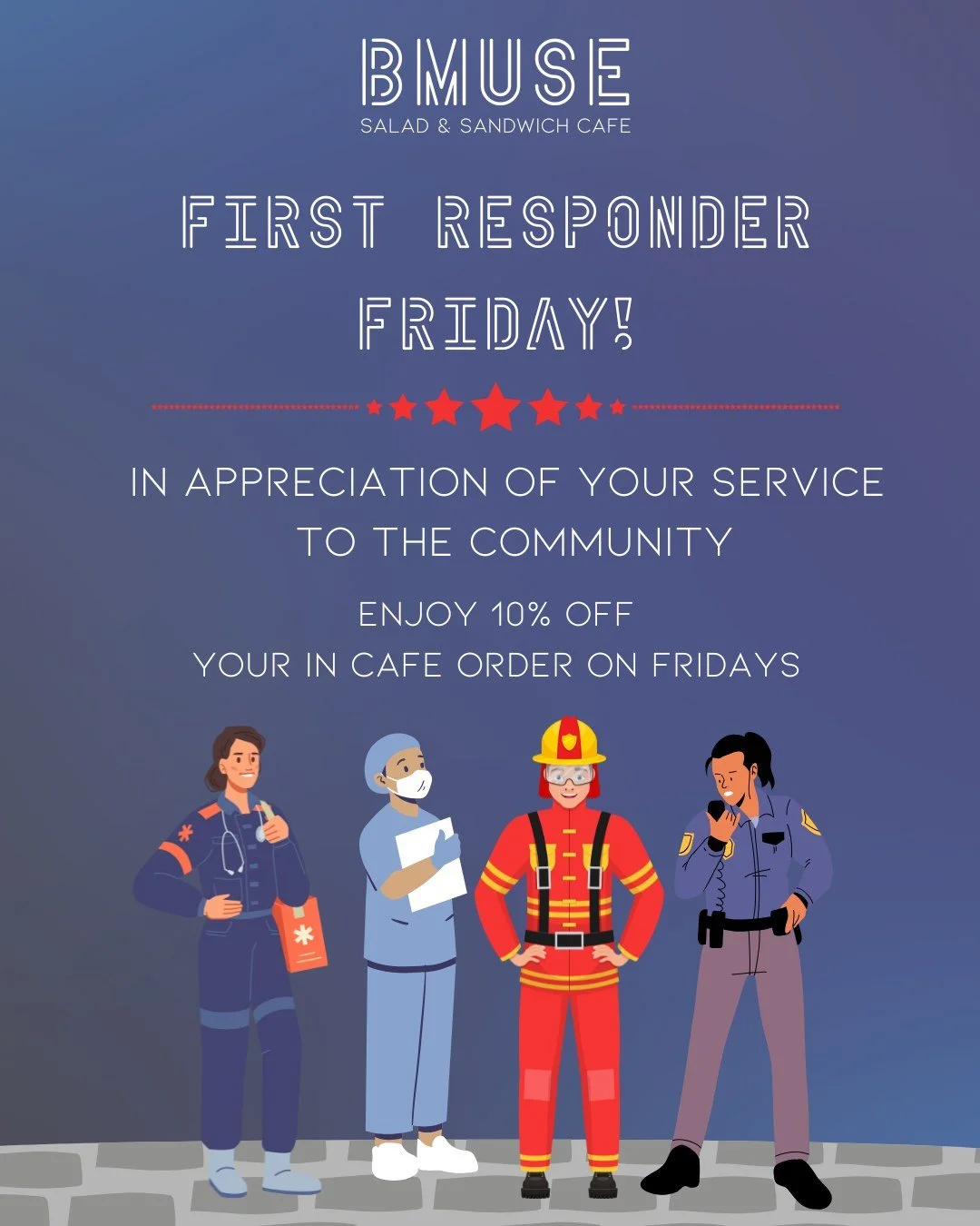 First Responders we appreciate all you do in our community! Enjoy 10% off your in-cafe order on Fridays.

Order online at bit.ly/BMuseCafe
Call 203.265.1400
Visit 665 N Colony Rd, Wallingford
.
.
.
.

#ctfoodie #foodofct #lunchtime #ctcafe #wallingfo