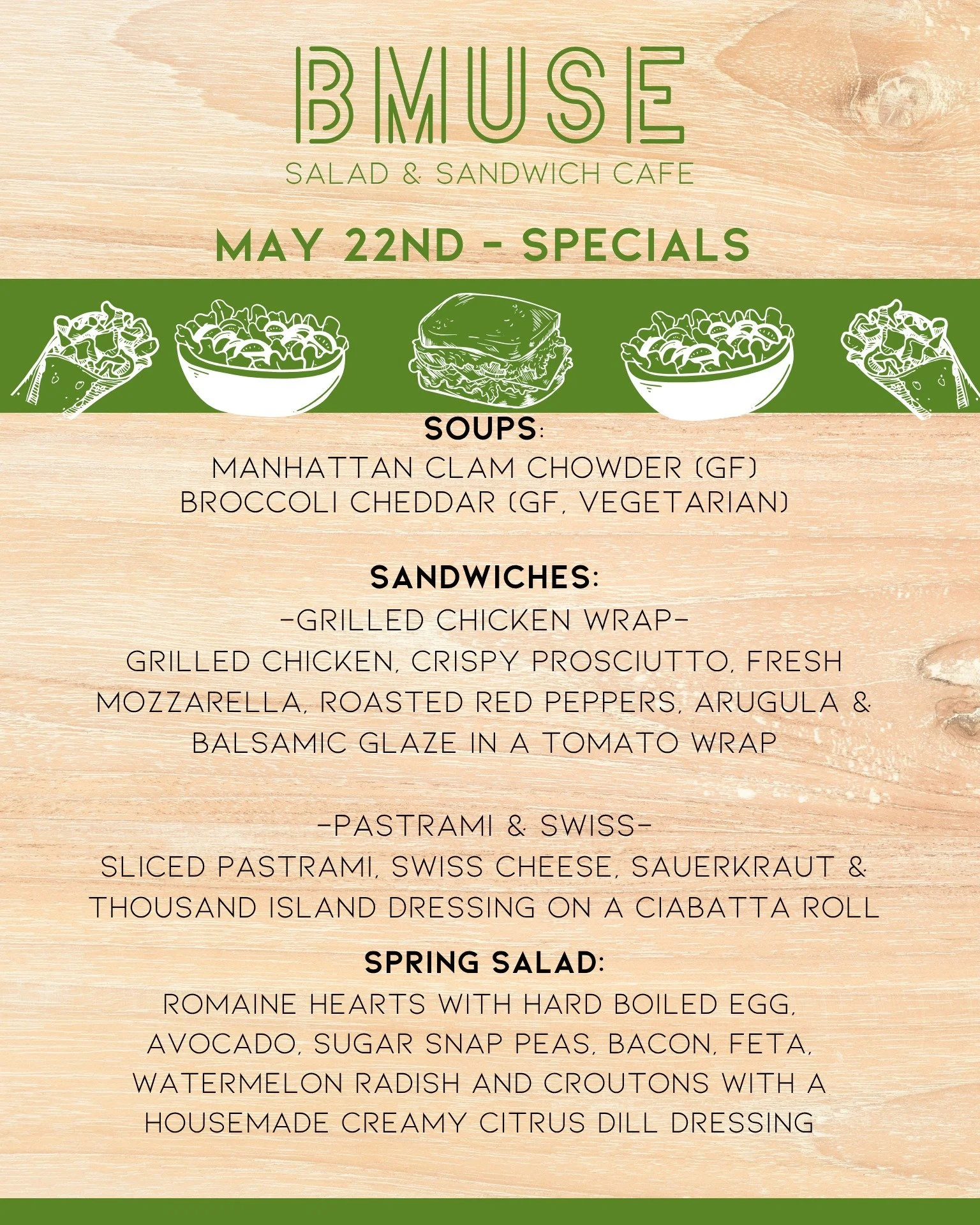 Happy Friday!  Start your weekend off with a delicious BMuse lunch.  We are open today 10a-3p.

Order online at bit.ly/BMuseCafe
Call 203.265.1400
Visit 665 N Colony Rd, Wallingford 
.
.
.
.

#ctfoodie #foodofct #lunchtime #ctcafe #wallingfordeats #n