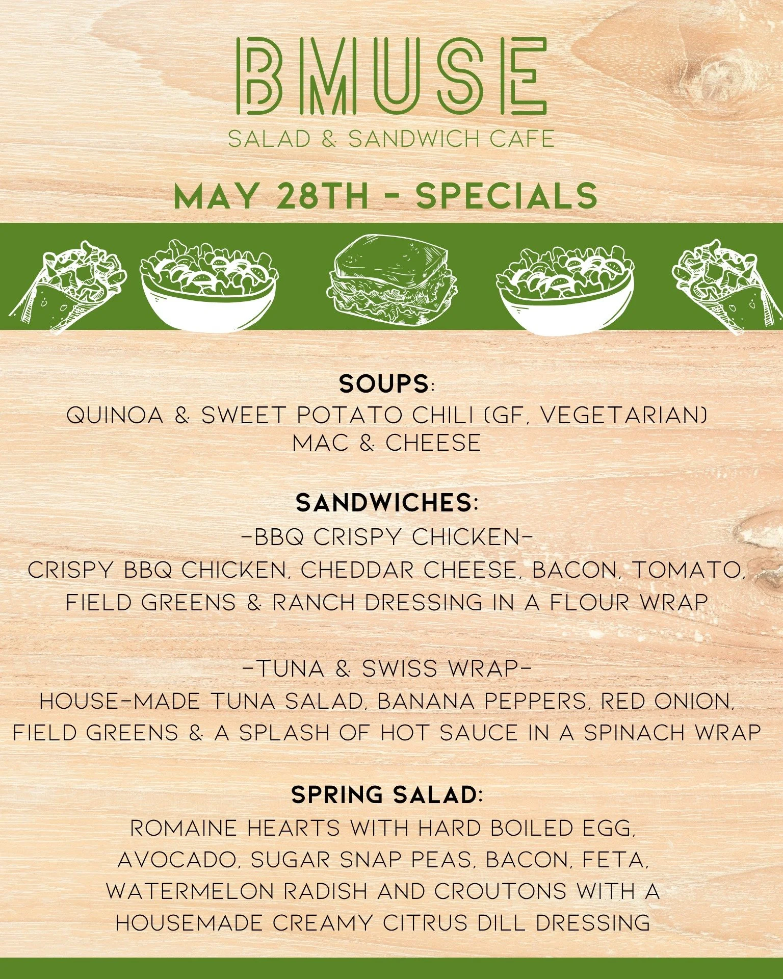 We&rsquo;re open 10a-3p so you can stop in &amp; enjoy a tasty BMuse lunch. 

Order online at bit.ly/BMuseCafe
Call 203.265.1400
Visit 665 N Colony Rd, Wallingford 
.
.
.
.

#ctfoodie #foodofct #lunchtime #ctcafe #wallingfordeats #newhavencountyfood 