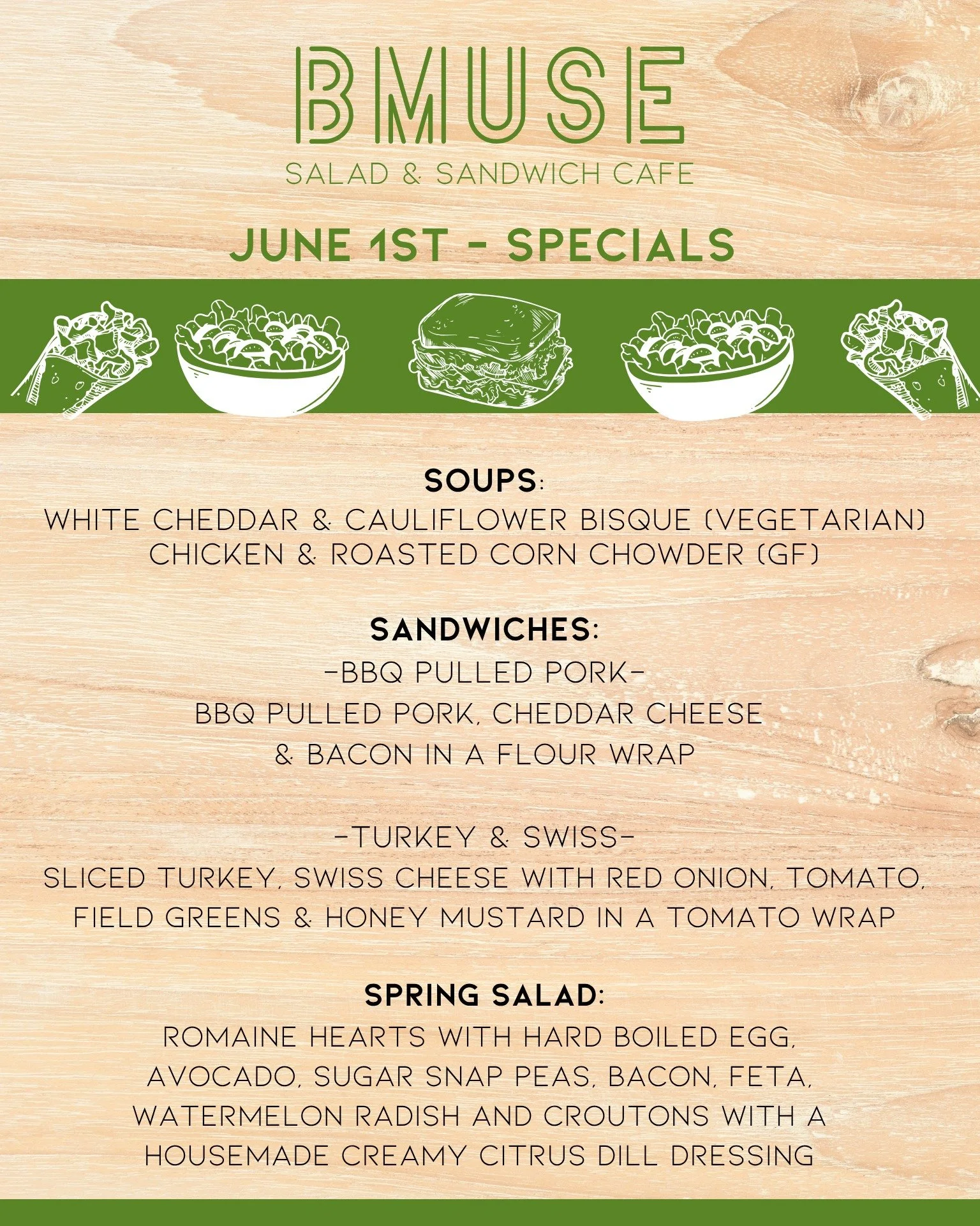 Happy Monday!!
We&rsquo;re open 10a-3p for lunch. 
Stop in an try one of our delicious specials!

Order online at bit.ly/BMuseCafe
Call 203.265.1400
Visit 665 N Colony Rd, Wallingford 
.
.
.
.

#ctfoodie #foodofct #lunchtime #ctcafe #wallingfordeats 