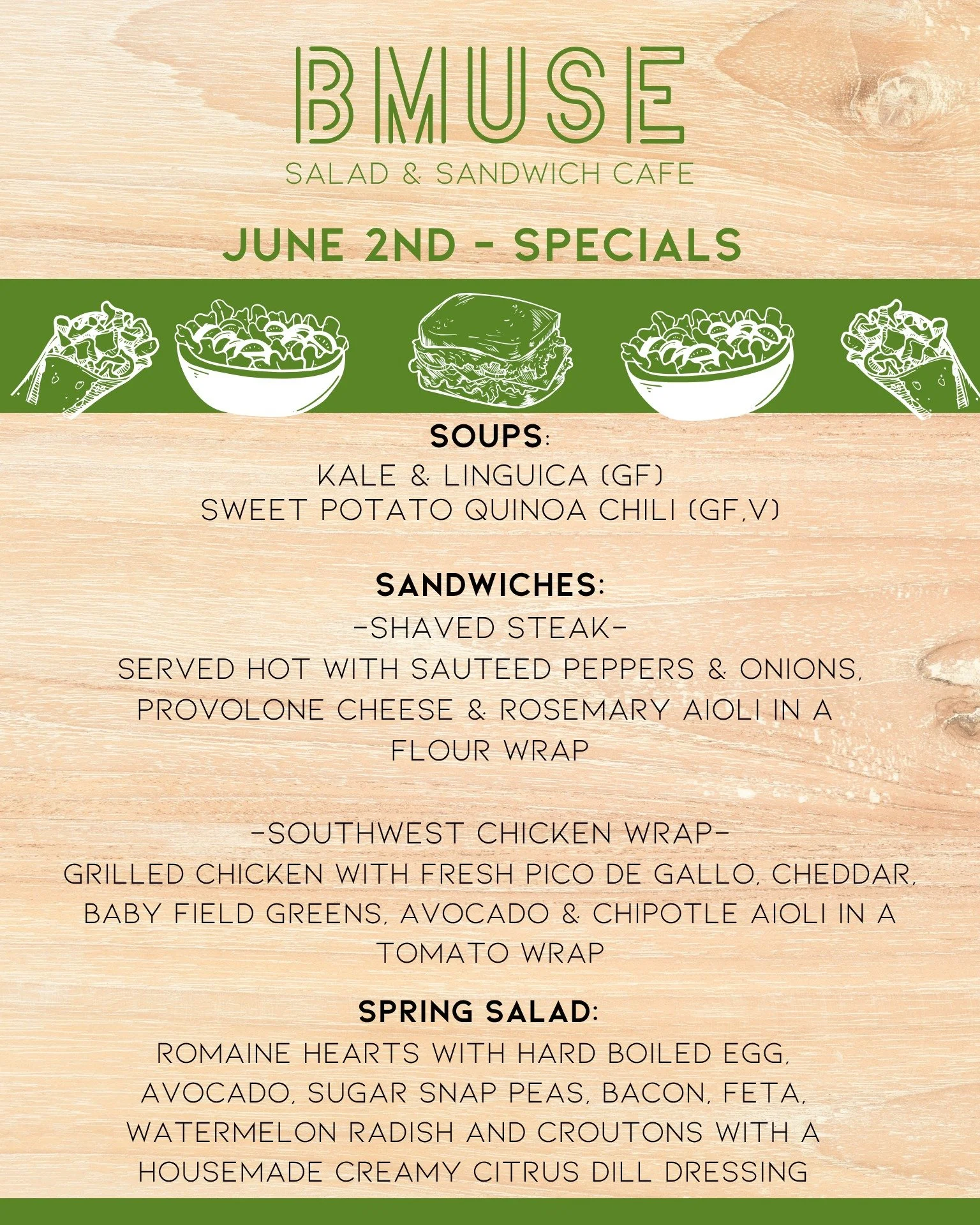 ✨Daily Specials are here✨

Fresh, flavorful, and made just for today! Don't miss out on these limited time favorites-once theyre gone, theyre gone!

Stop by and treat yourself to something delicious !