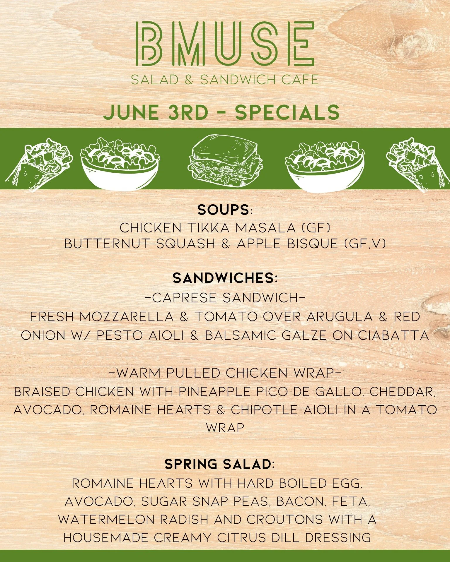🍽 Wednesday lunch Specials are here!
Fresh flavors, great portions &amp; the perfect midweek treat.
Stop by BMuse &amp; make your lunch break the best part of the day!