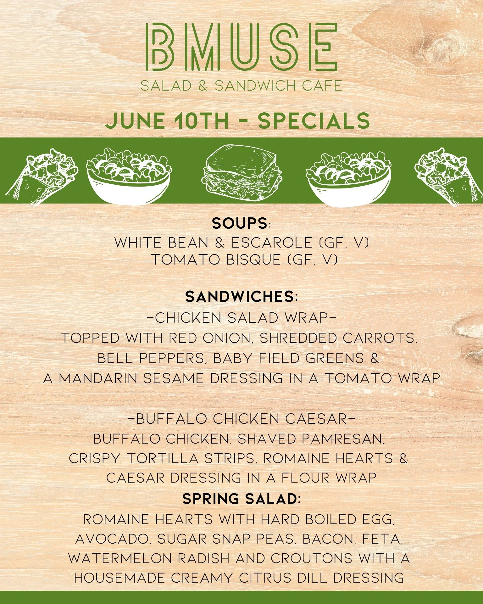 We&rsquo;re open 10a-3p. 
Stop by &amp; enjoy one of our tasty soups, salads or sandwiches for lunch!

Order online at bit.ly/BMuseCafe
Call 203.265.1400
Visit 665 N Colony Rd, Wallingford 
.
.
.
.

#ctfoodie #foodofct #lunchtime #ctcafe #wallingford