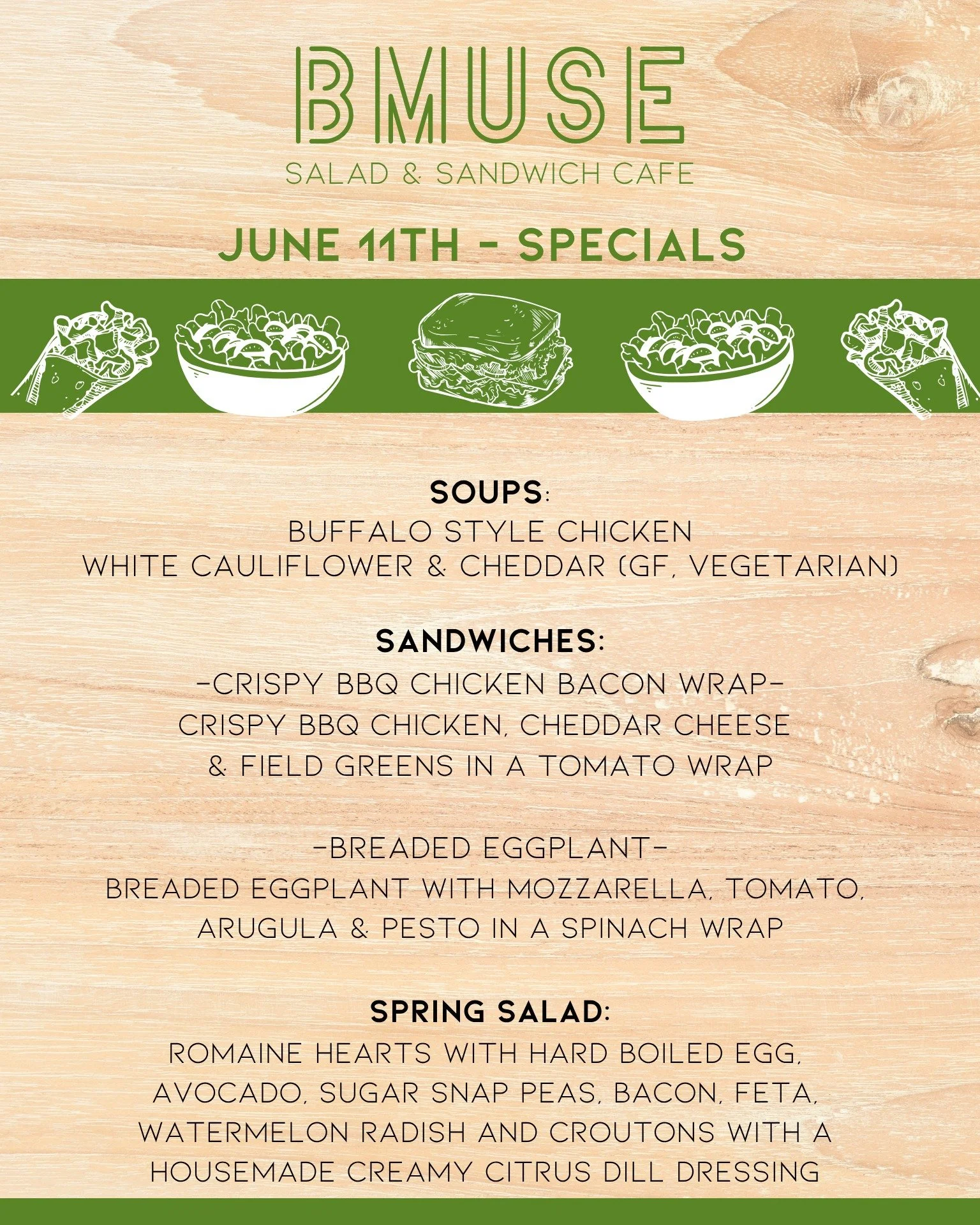 Good Morning Thursday! We&rsquo;re open 10a-3p. Stop by &amp; enjoy a delicious lunch with us.

Order online at bit.ly/BMuseCafe
Call 203.265.1400
Visit 665 N Colony Rd, Wallingford 
.
.
.
.

#ctfoodie #foodofct #lunchtime #ctcafe #wallingfordeats #n