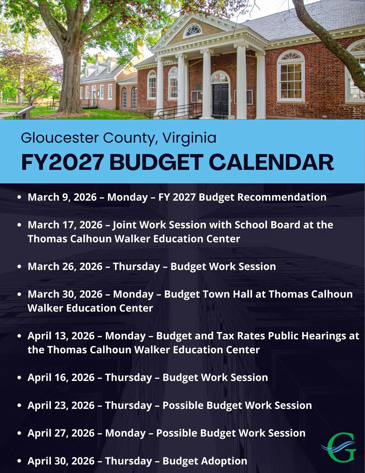 old building pictured at top with dates listing meetings below