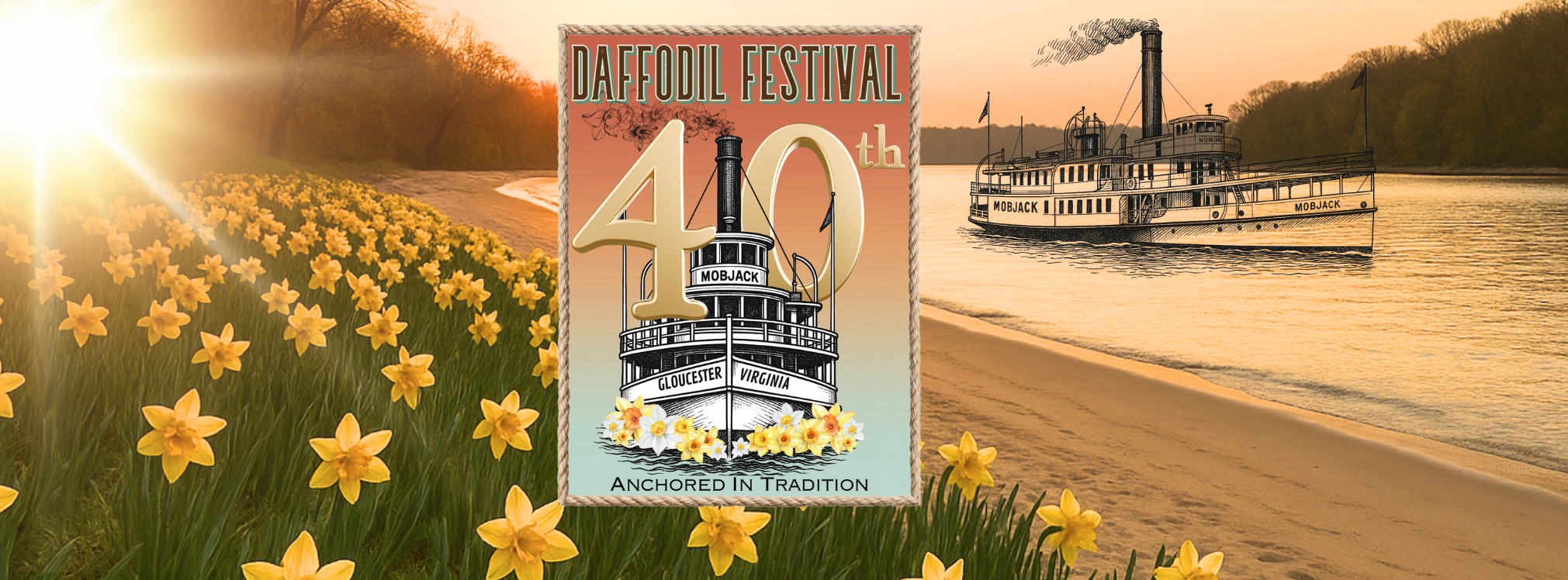 daffodils and steamboat shown on and beside a river