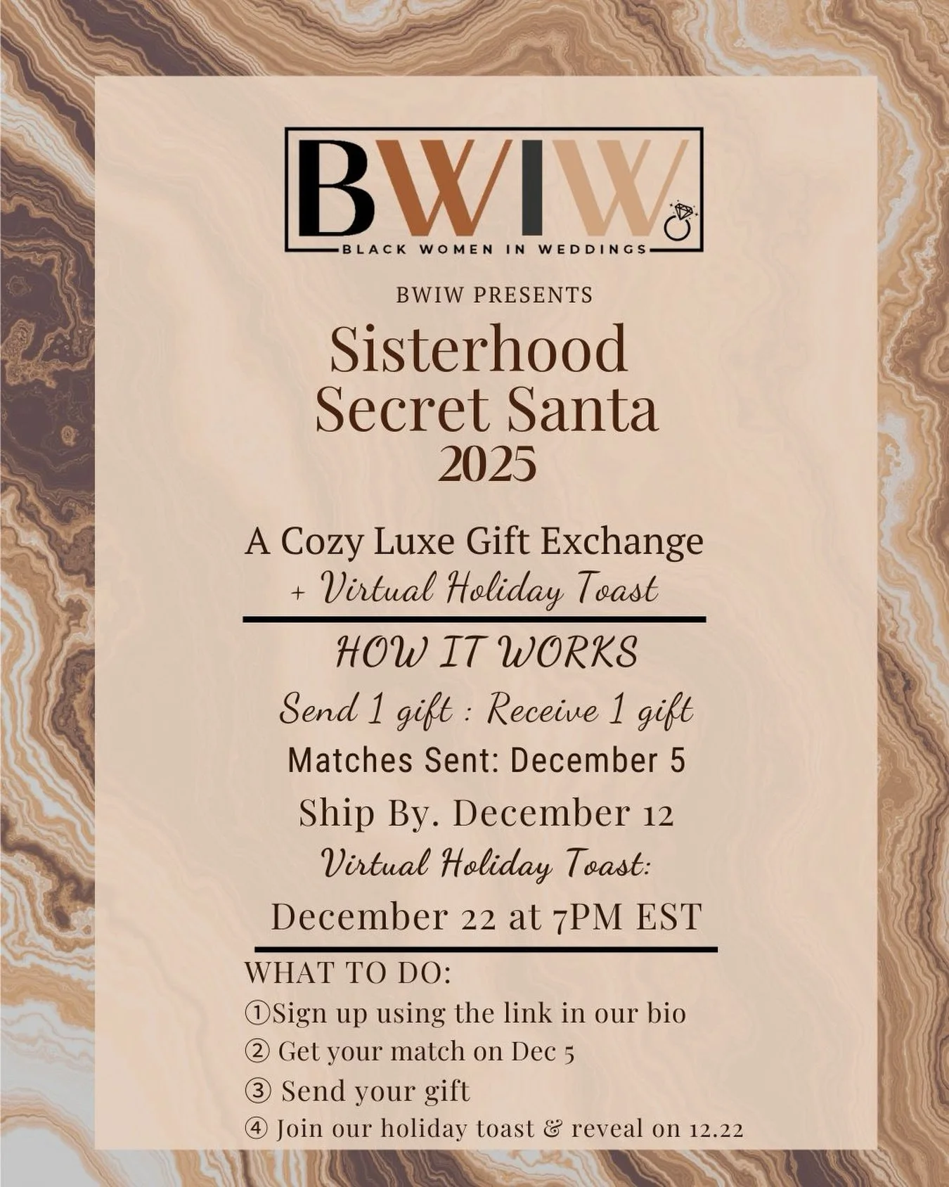 🎄✨ BWIW Sisterhood Secret Santa 2025 ✨🎁
A cozy luxe gift exchange for Black women in the wedding + event industry.

This season, let&rsquo;s pour into each other with intention, joy, and a little holiday magic. 💛

Here&rsquo;s how it works:
✨ Send