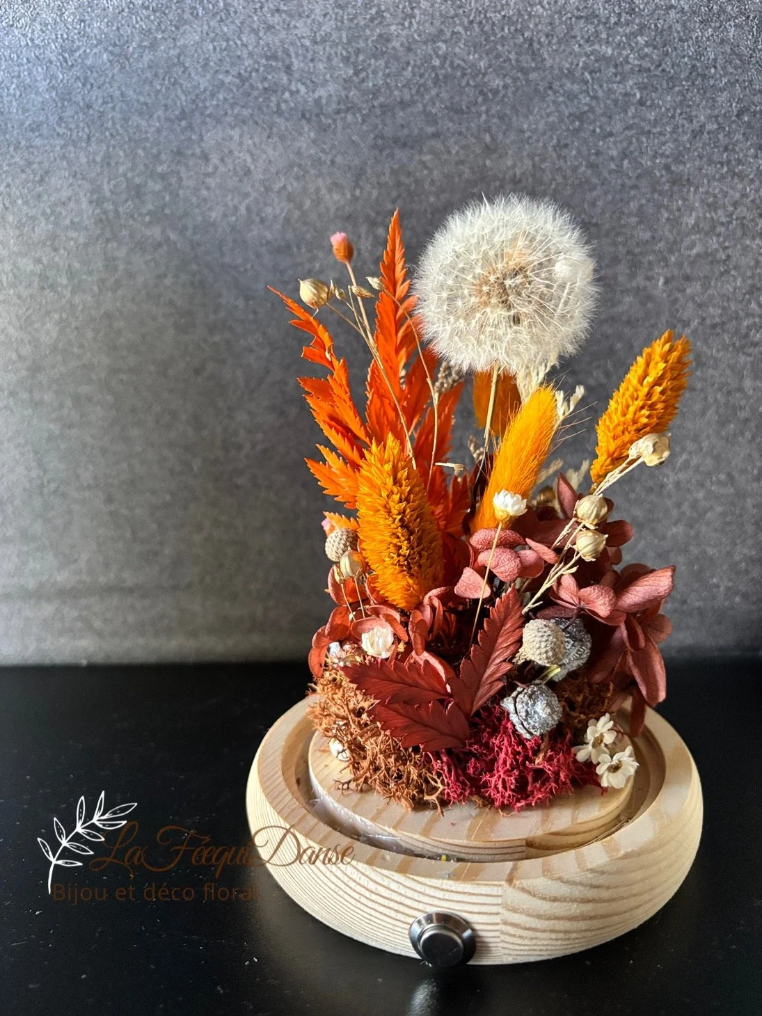 preserved dandelion glass dome orange.JPG