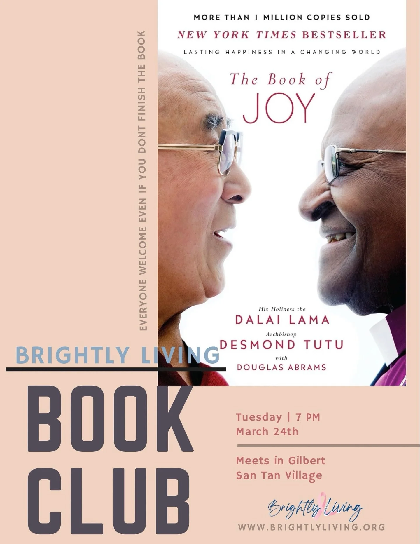 Next up on our Brightly Living agenda&mdash;Book Club!📕 

We&rsquo;re diving into The Book of Joy by the Dalai Lama, with Desmond Tutu. It&rsquo;s a powerful, soul-filling read about choosing joy even when life is hard.

Grab the book or listen on A