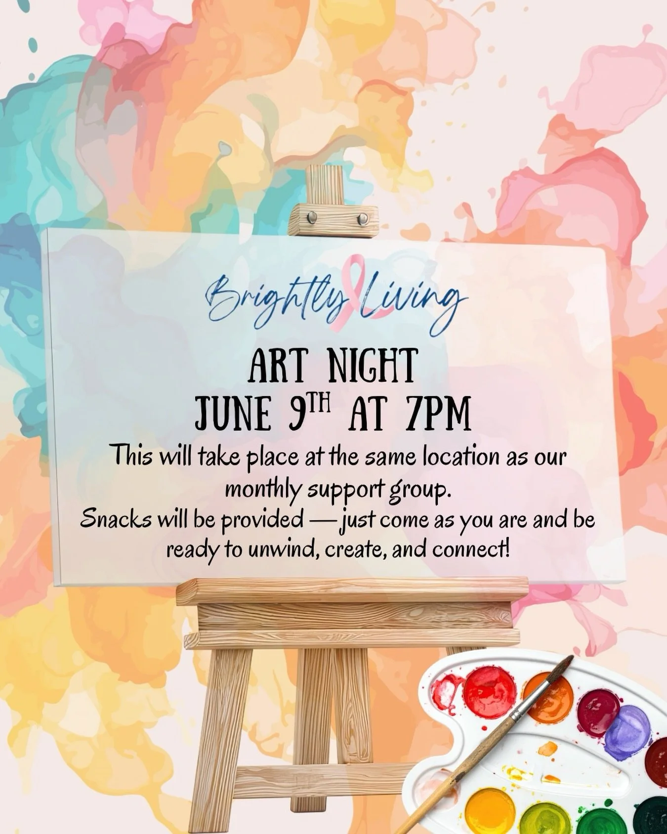 Join us for a night of creativity and connection at Brightly Living&rsquo;s art night! Come unwind, create, and spend time with women who truly understand the journey of breast cancer. No need to be an artist! Just come as you are and enjoy a fun rel