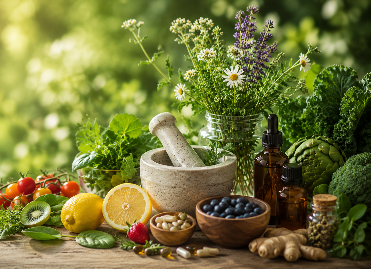 Assorted fresh fruits, herbs, and natural remedies on a wooden surface with a lush green background, including cherry tomatoes, kiwi, lemon, strawberry, blueberries, ginger, and various bottles of essential oils and supplements.