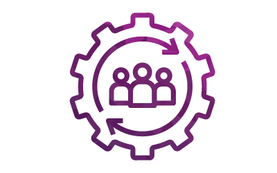 A gear icon surrounding a group of three people, representing teamwork or collaboration.