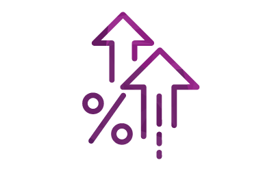 Two purple arrows pointing upwards with percentage and exclamation symbols, indicating an increase or growth.